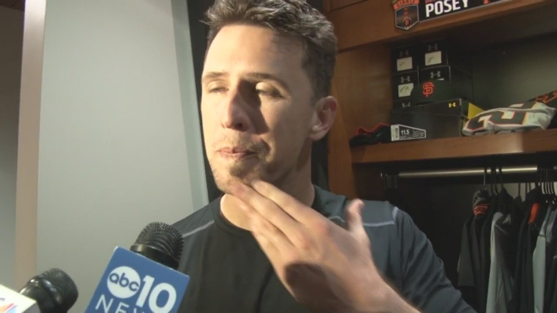 San Francisco Giants' catcher Buster Posey discusses his team's hot-hitting throughout the entire lineup and the excitement from another Opening Day at AT&T Park, which resulted in a win over the rival Los Angeles Dodgers, on Thursday.