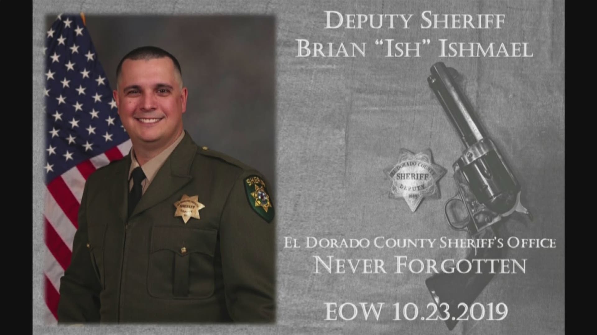 End of Watch call for fallen El Dorado County Sheriff's Deputy Brian Ishmael plays at his memorial service.