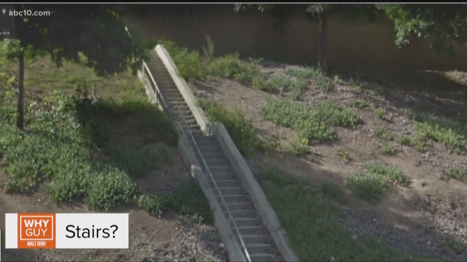 As you cruise along the highway in Stockton, there are multiple staircases that lead from the highway shoulder straight up to the top of the walled embankments.