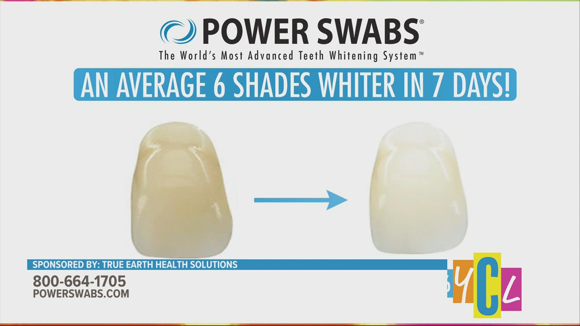 Power Swabs claims to work in five minutes to whiten teeth in an average of two shades. 
This segment paid for by True Earth Health Solutions.