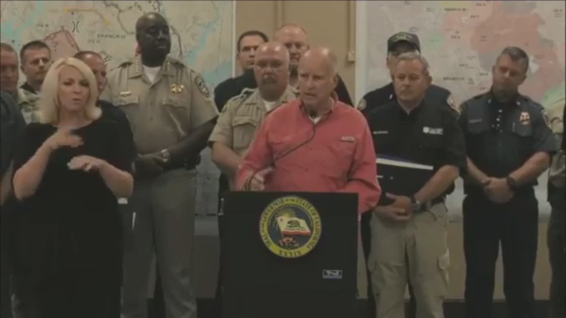 Gov. Jerry Brown held a press conference on Saturday, Aug. 4, with fire officials and called on President Donald Trump to help the state deal with this destructive wildfire season. (Source: Cal OES)