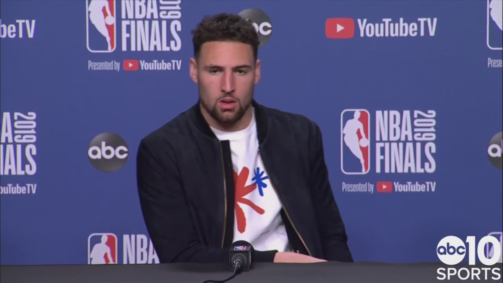 Warriors guard Klay Thompson says it's hard to enjoy Monday's 106-105 victory in Game 5 over the Raptors to force a Game 6 in Oakland on Thursday, trailing Toronto 3-2 in the NBA Finals because of losing teammate Kevin Durant to an Achilles injury.