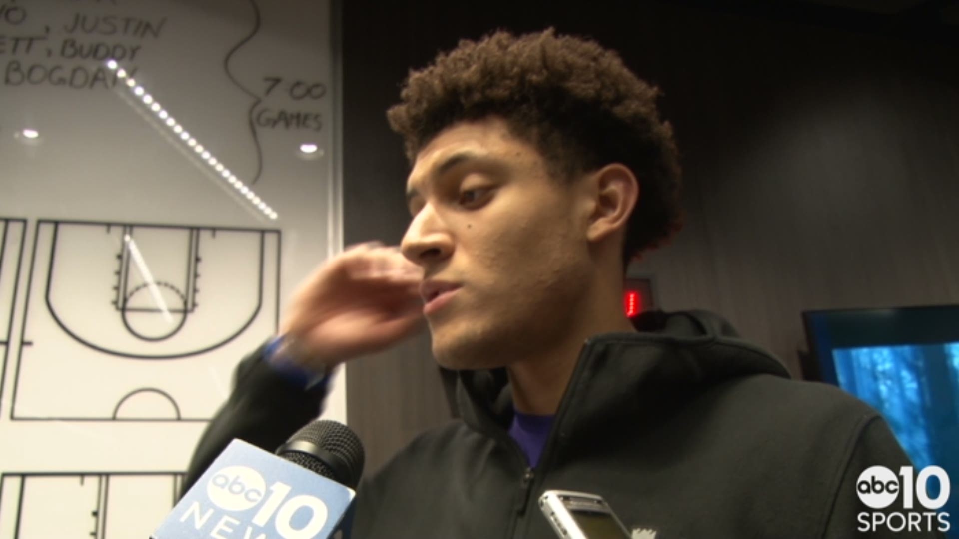 Kings rookie forward Justin Jackson talks about the strange atmosphere and small crowd after the arena was locked down, due to the Stephon Clark protests outside the Golden 1 Center during the game.