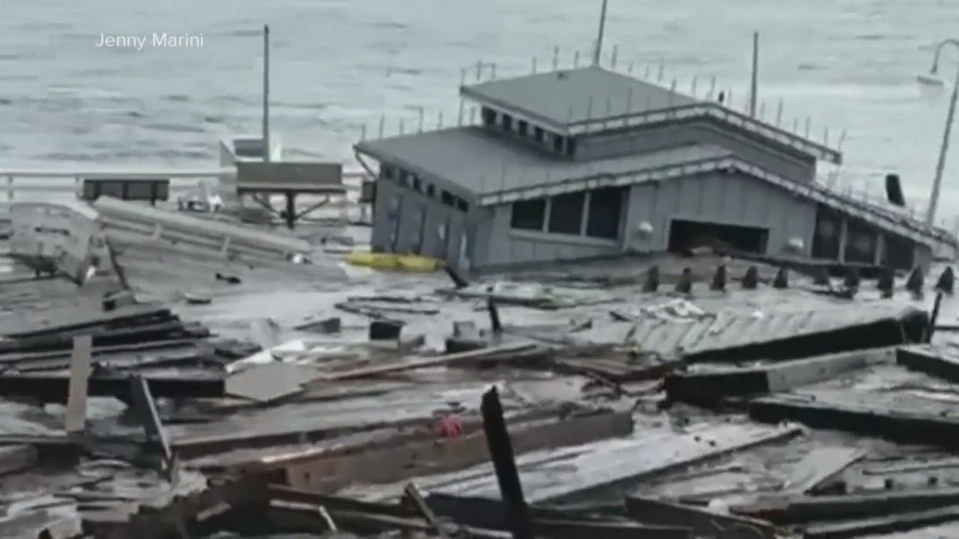 A portion of the Santa Cruz Wharf collapsed Monday and is floating away after being battered by life-threatening waves that could exceed 30 feet.