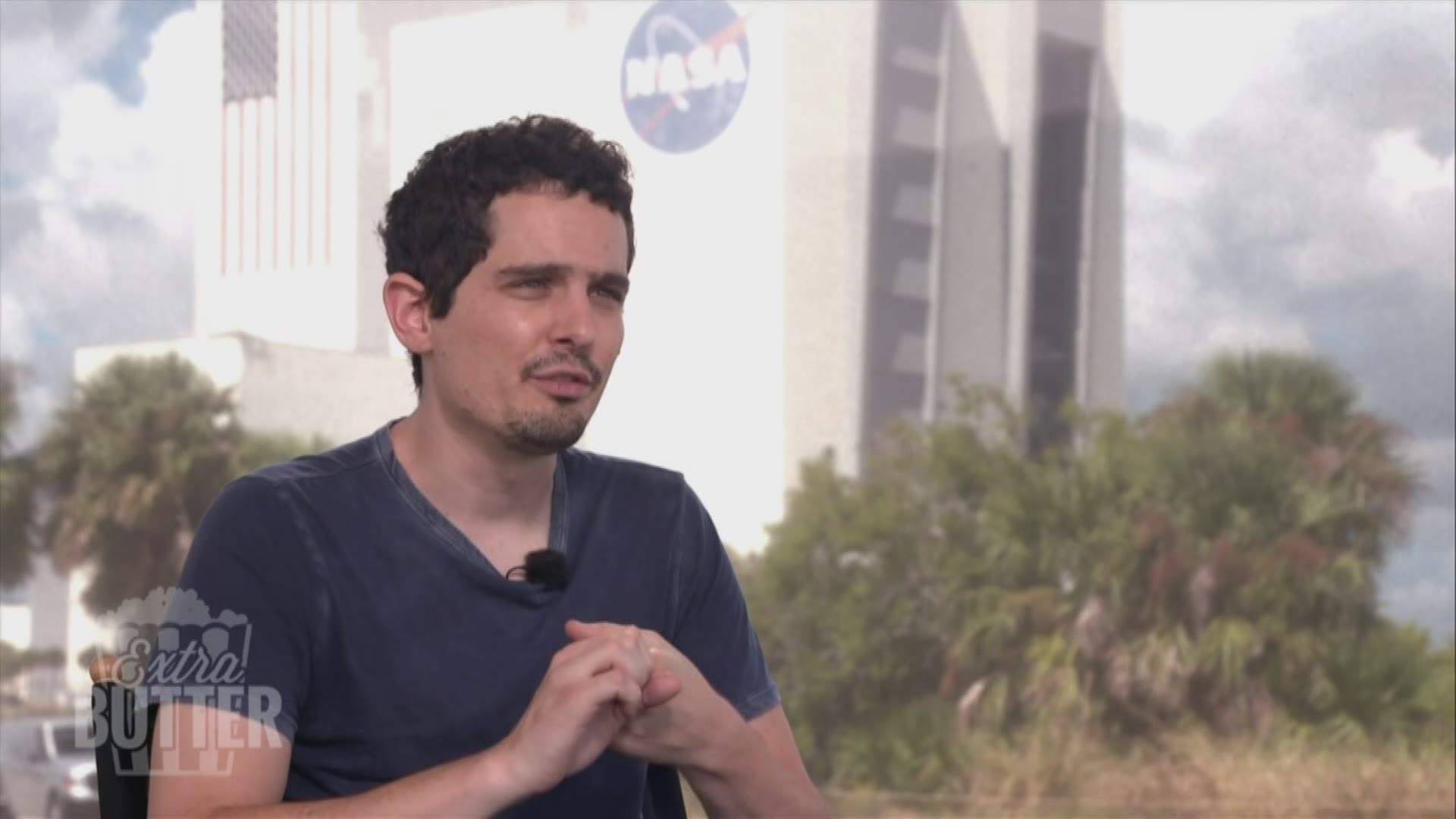 Mark S. Allen talks with Damien Chazelle, director of the movie 'First Man,' along with the sons of Neil Armstrong.