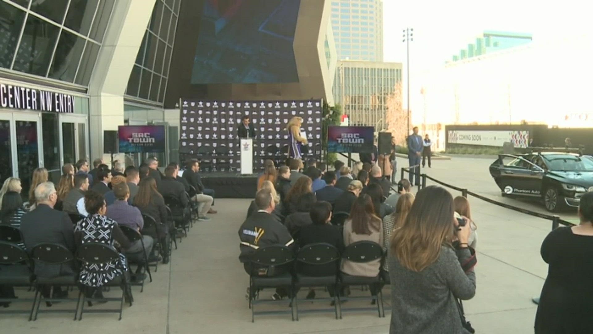 Sacramento Kings owner Vivek Ranadive, joined by Mayor Darrell Steinberg, Congresswoman Doris Matsui, team general manager Vlade Divac and others, announce their bid for the 2022 or 2023 NBA All-Star Game on Thursday morning outside of the Golden 1 Center