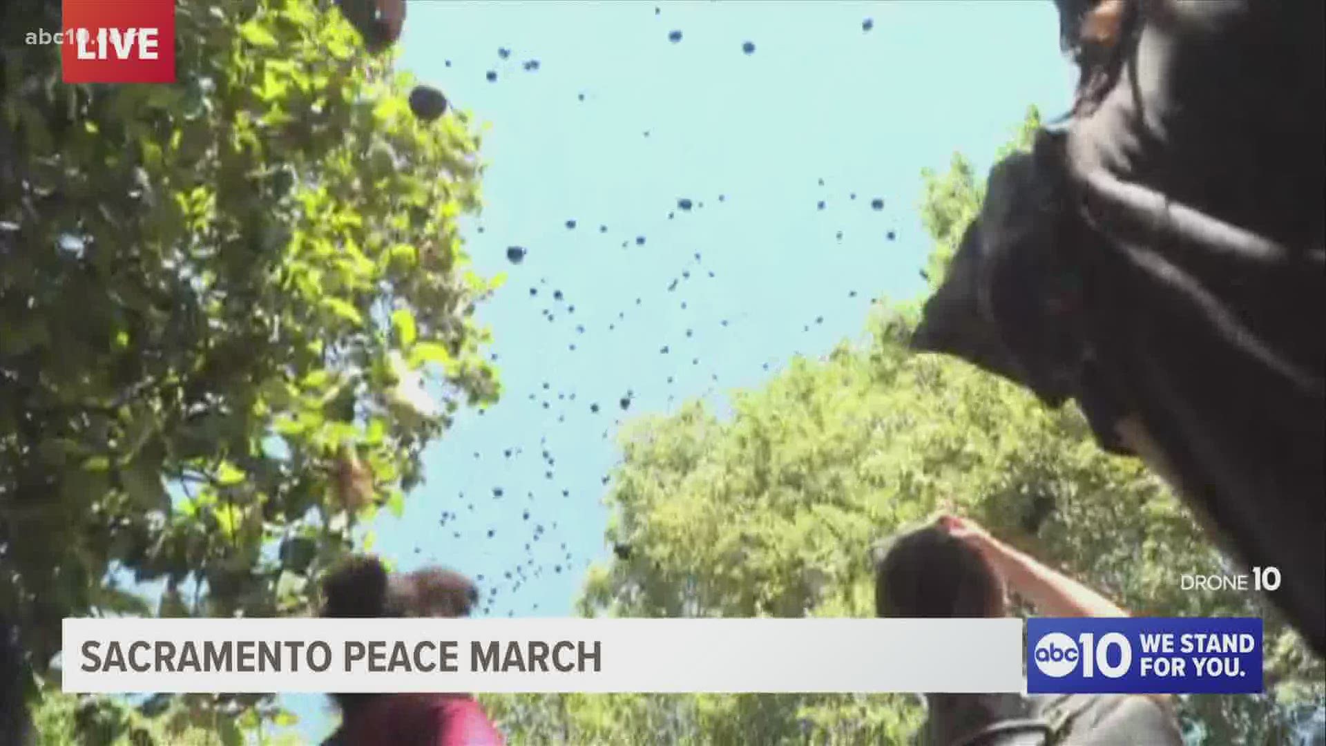 Protesters at the Sacramento Peace March released 1,500 black balloons into the sky to signify the lives lost to police violence.