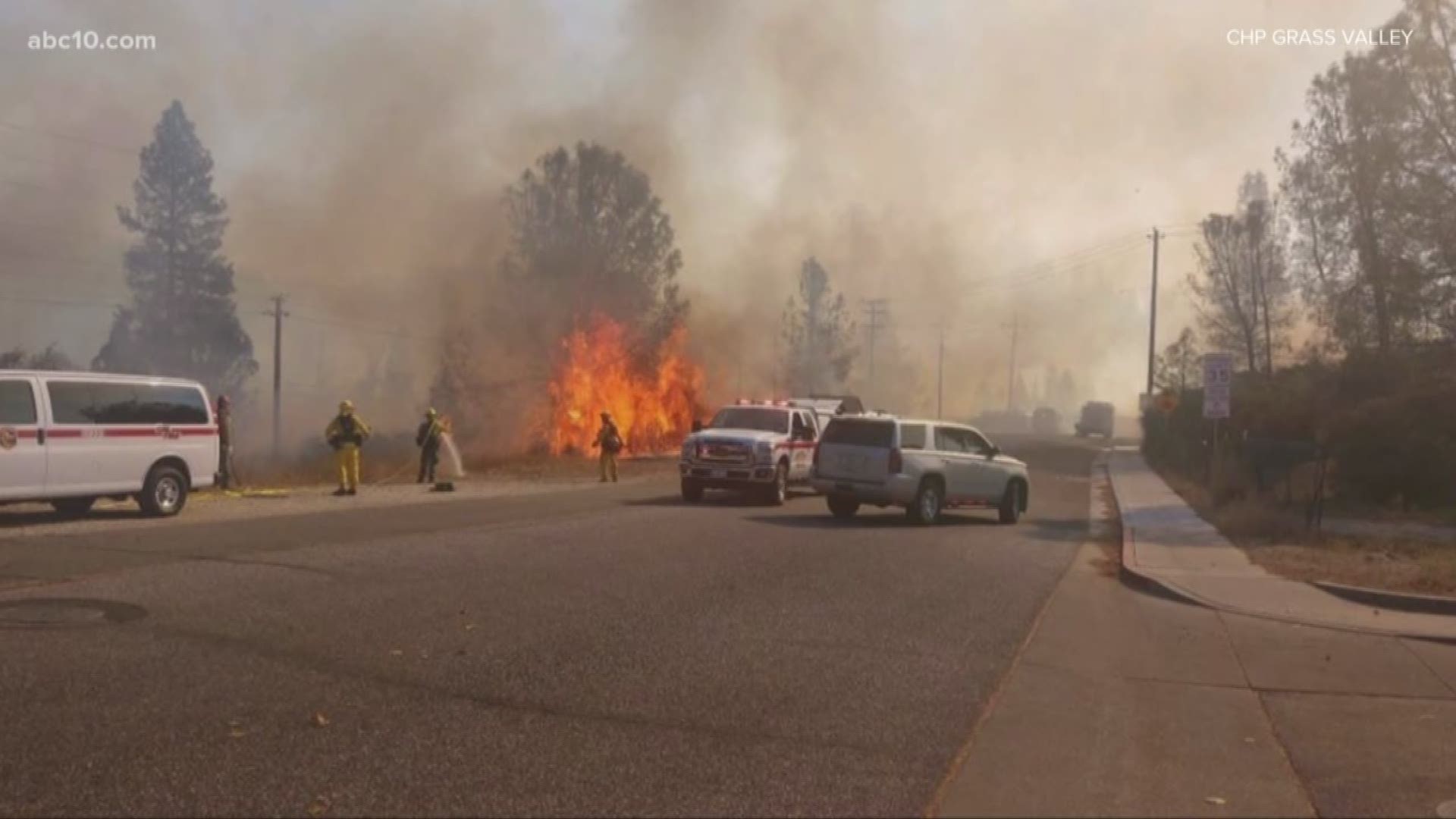 Firefighters are battling a fire near Sutton Way and Idaho Maryland Road in Grass Valley.