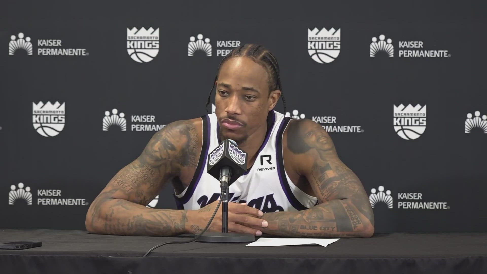 Sacramento Kings forward DeMar DeRozan talks about the team's lost against the Los Angeles Clippers at the Golden 1 Center. 