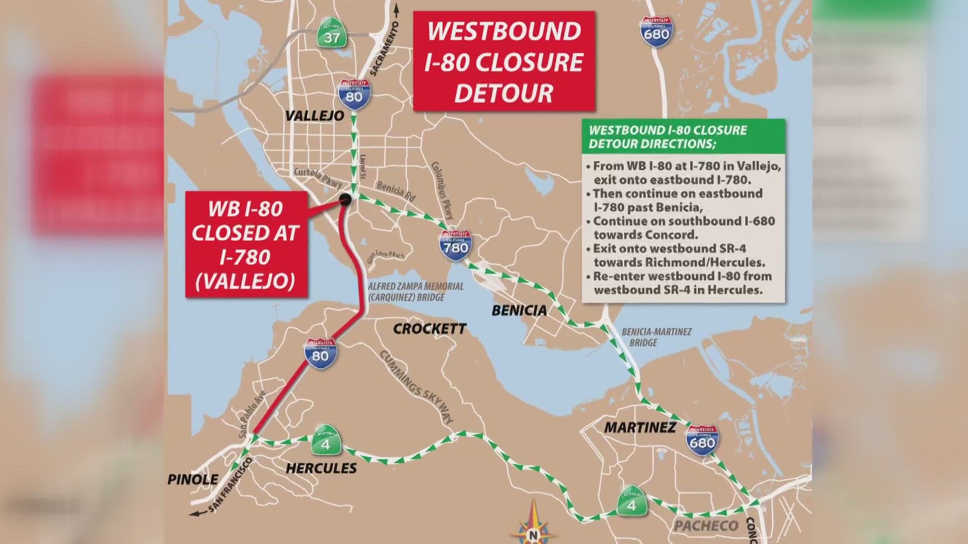 There will be a major four-day closure of westbound I-80 between I-780 in Vallejo and Highway 4 in Hercules, including over the Carquinez Bridge.