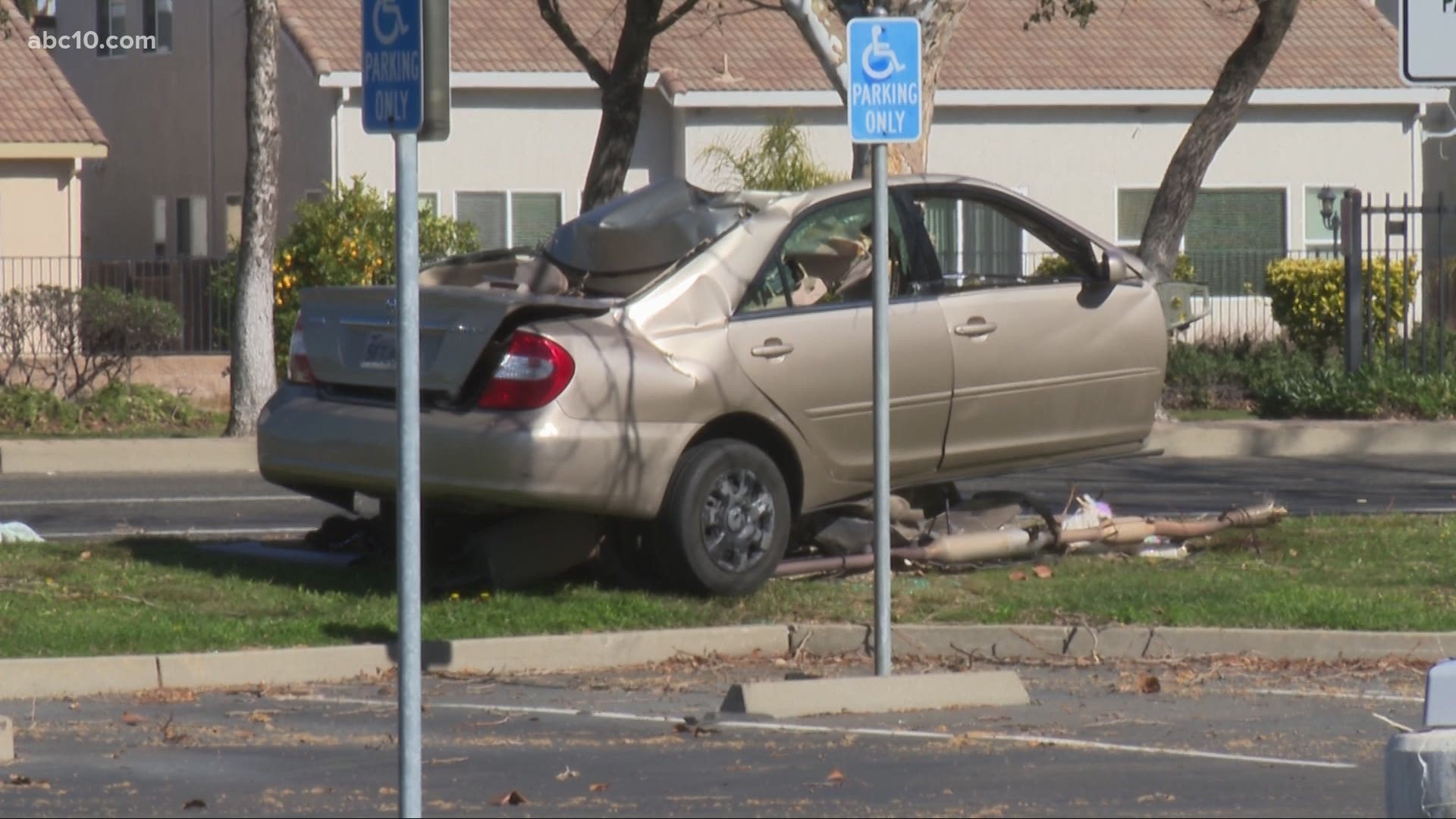 According to police, there were four people in the car, which happened around 4:45 a.m. Monday. The car split in two when it crashed into the tree.