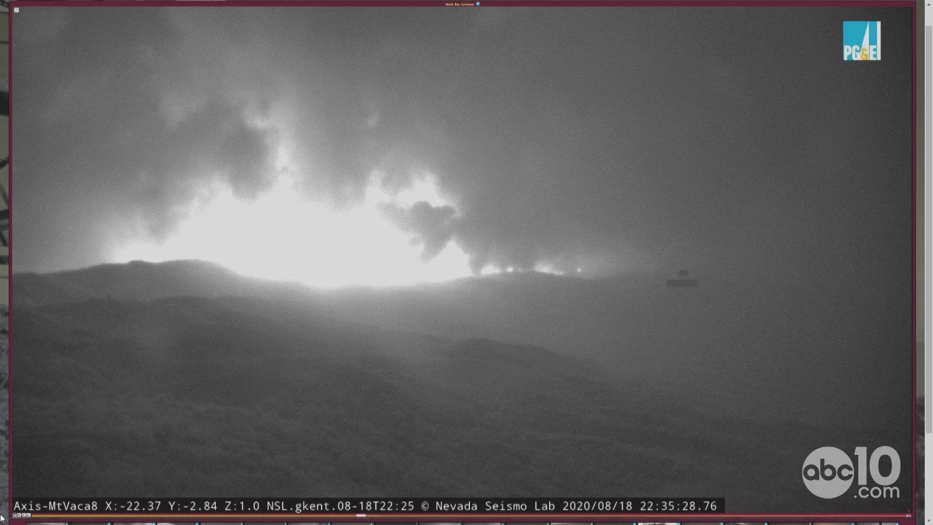 An 'Alert Wildfire' camera on Mount Vaca captured the LNU Lightning Complex fire as it raced up the mountain and eventually burned the camera overnight.