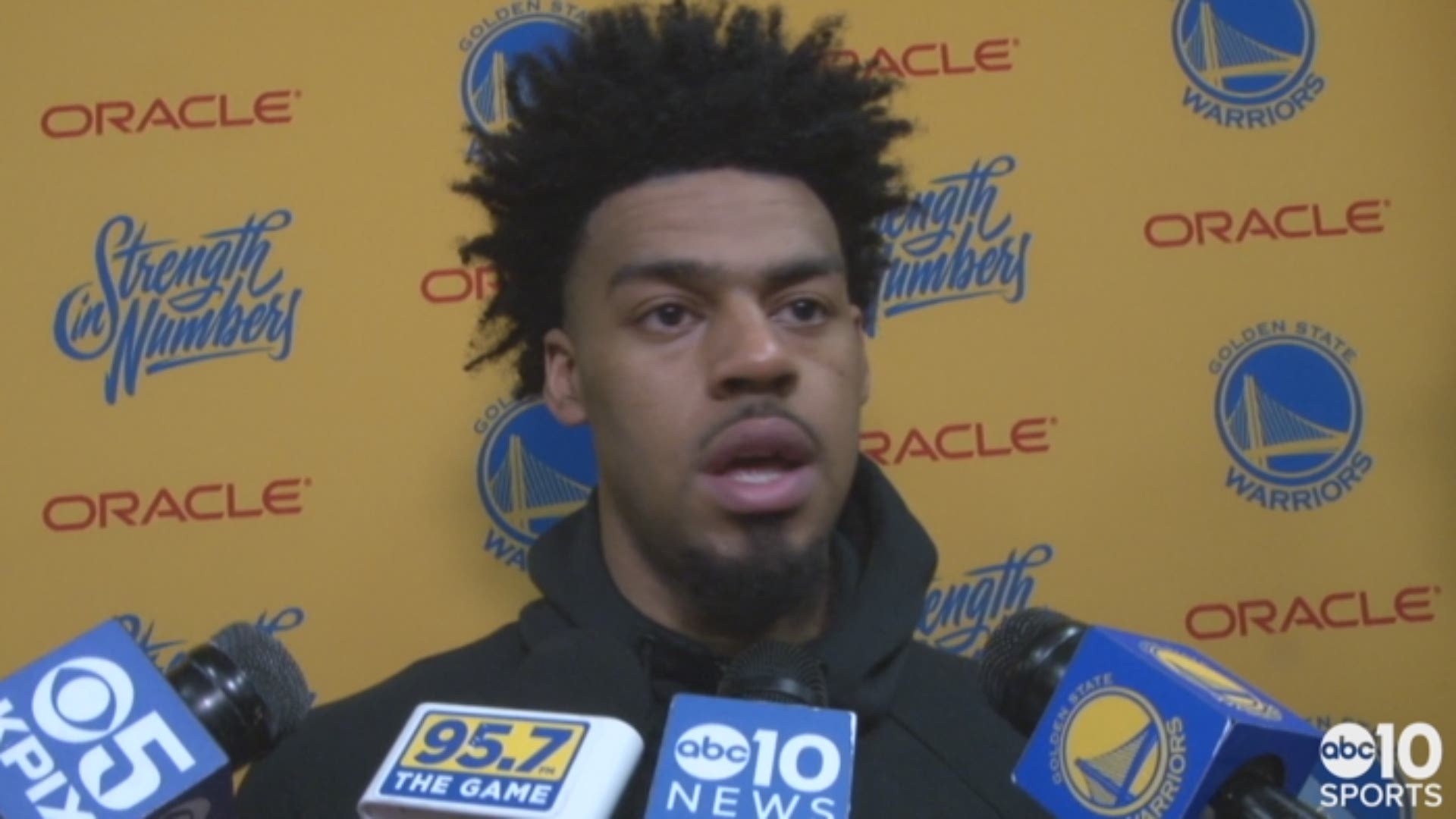 Warriors guard Quinn Cook discusses the team's high level of focus in Saturday's Game 1 playoff win over the San Antonio Spurs, making his playoff debut and the adjustments to the starting lineup.