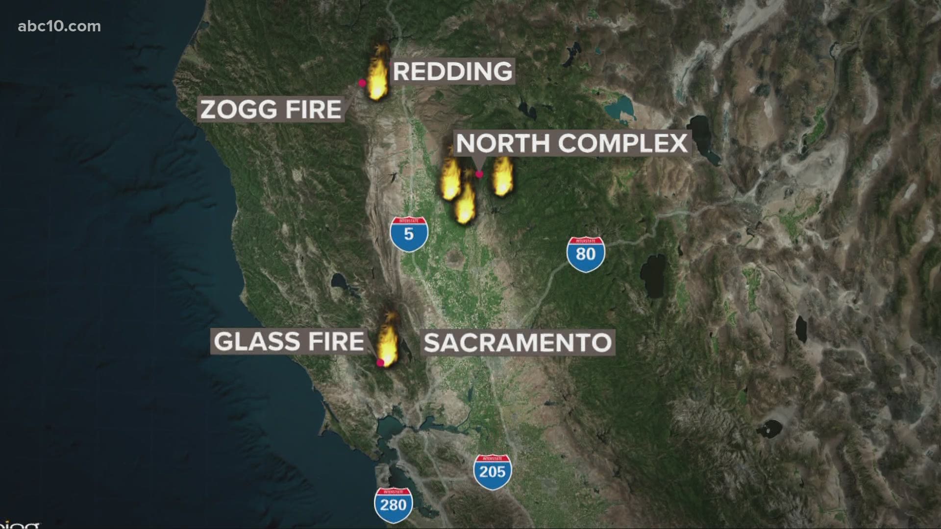 Fires burn across California, causing evacuations and road closures in Napa and Sonoma counties, near the town of Santa Rosa.