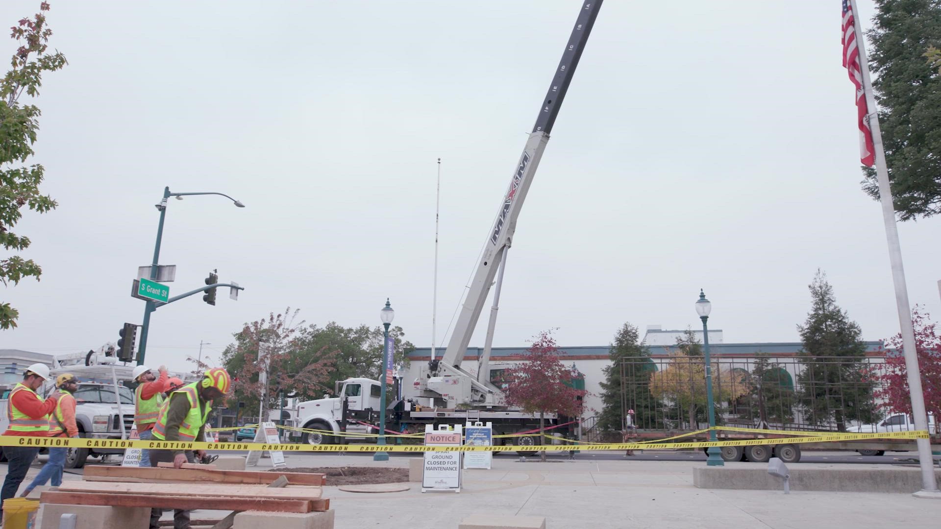 Watch as the city of Roseville installs its Christmas tree in the town square on Vernon Street.