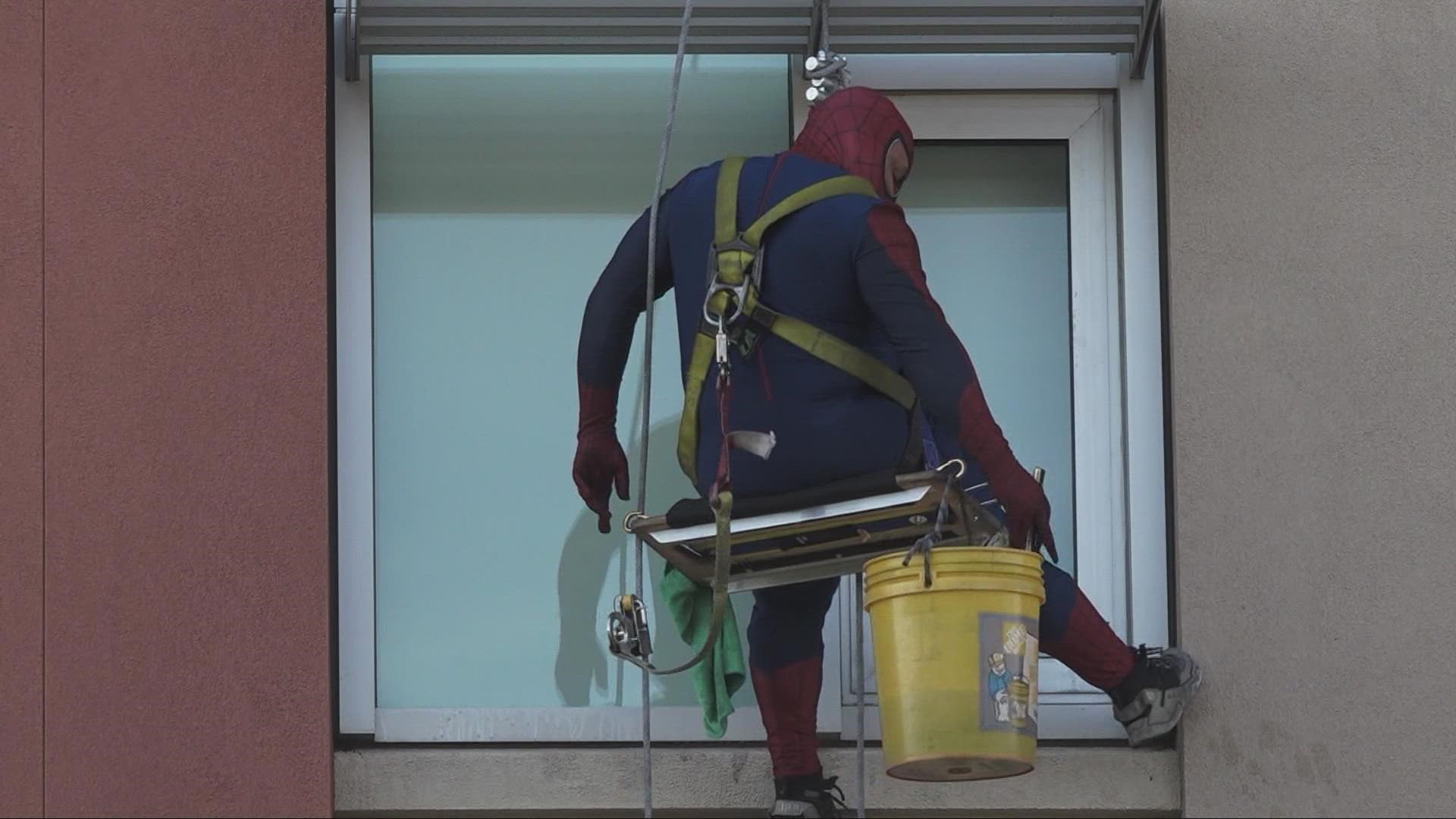 All of the best known Marvel superheroes hung off wires outside the windows of children staying at the Kaiser hospital.