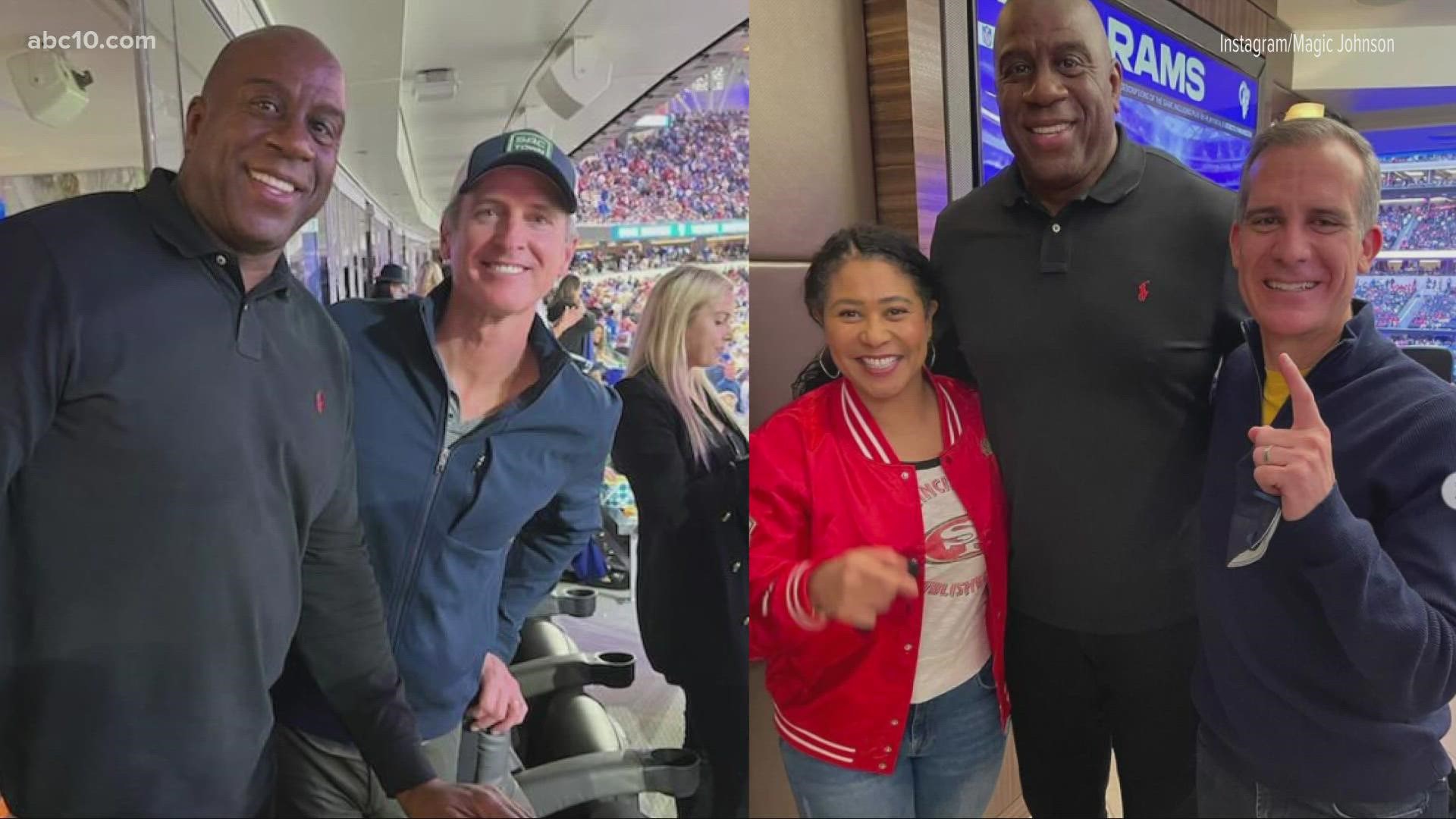 A photo posted by Magic Johnson on Instagram shows Newsom maskless in a stadium with a 70,000 person capacity.