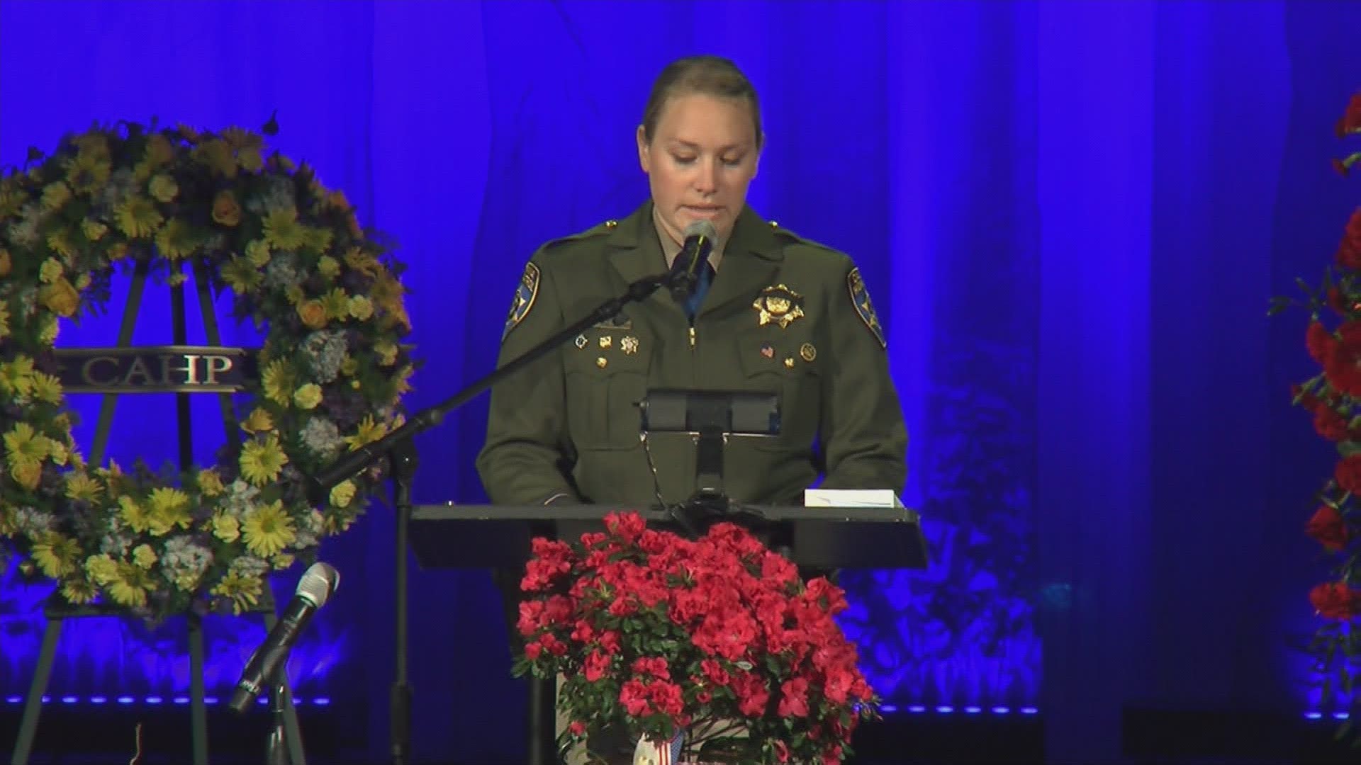 Fallen CHP Officer Lucas Chellew's sister, CHP Officer Hanna Chellew, spoke tearfully at her brother's funeral service Saturday morning (March 4, 2017).