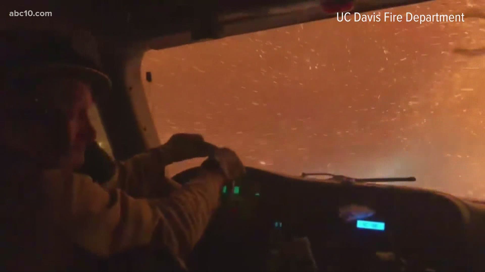 UC Davis released video of the inside of a fire truck as it drove through a firestorm on its way to protect a neighborhood from the Tamarack Fire.