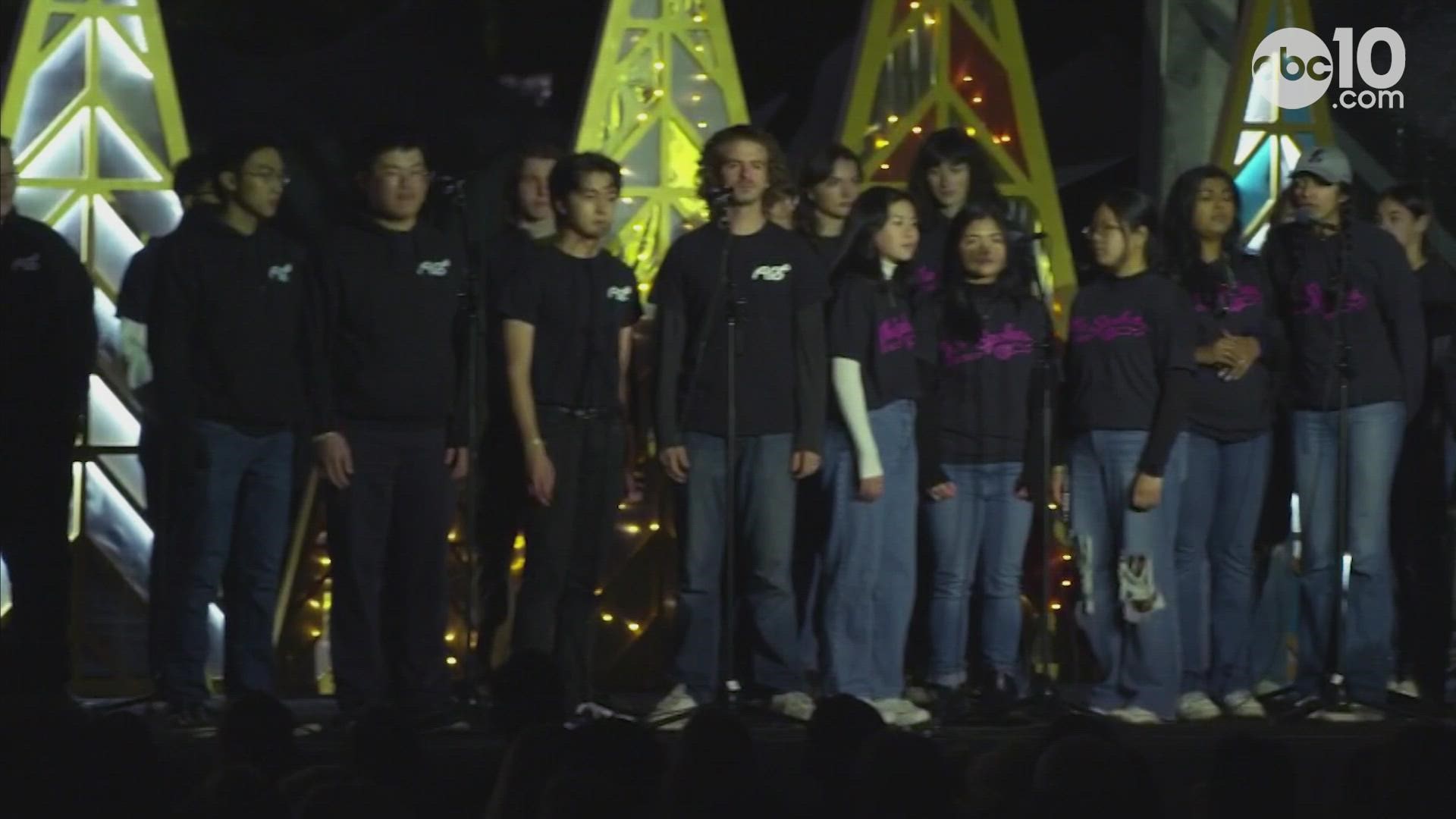 Both The Afterglow and The Spokes performed an acapella version of the Christmas classic 'Jingle Bells' during a holiday tree lighting ceremony with Gov. Newsom.