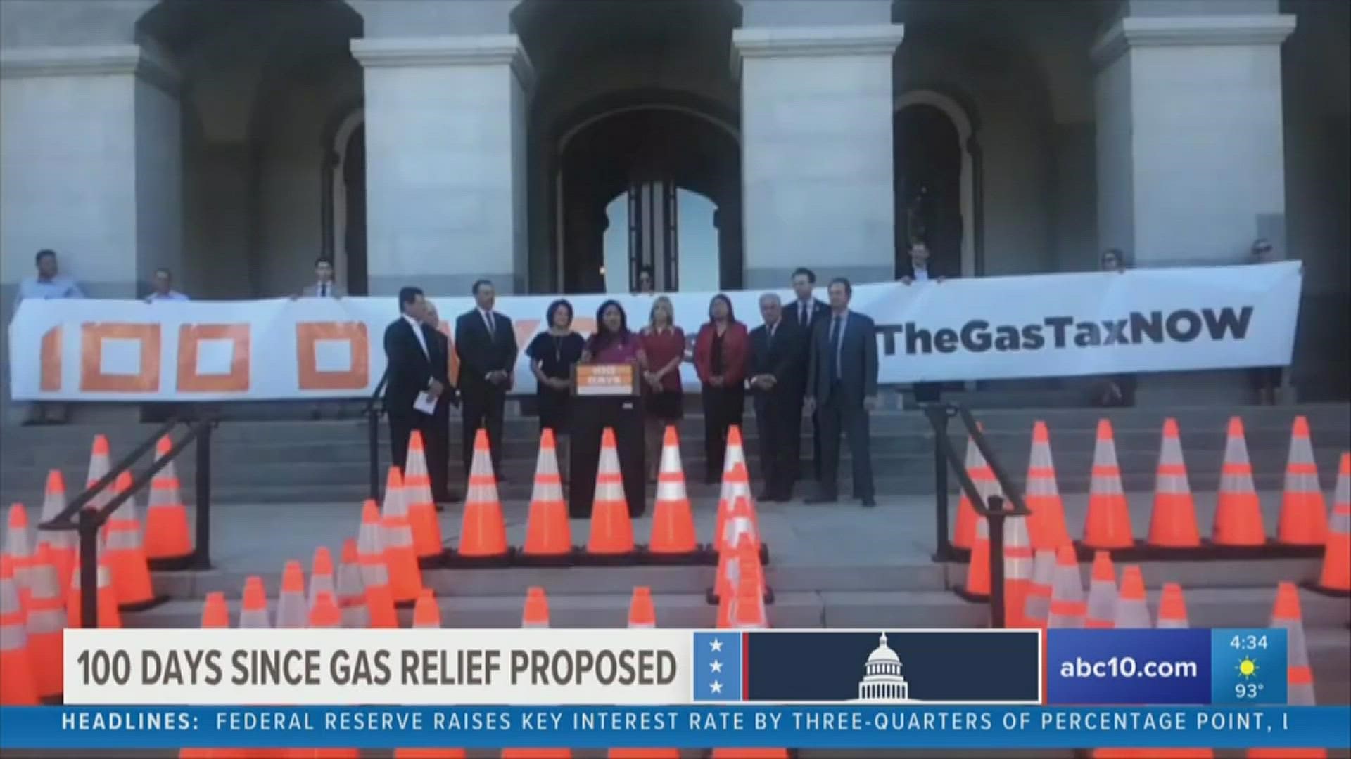 California Republicans marked the 100th day of Gavin Newsom first calling for gas tax relief by setting up caution traffic cones at the State Capitol.