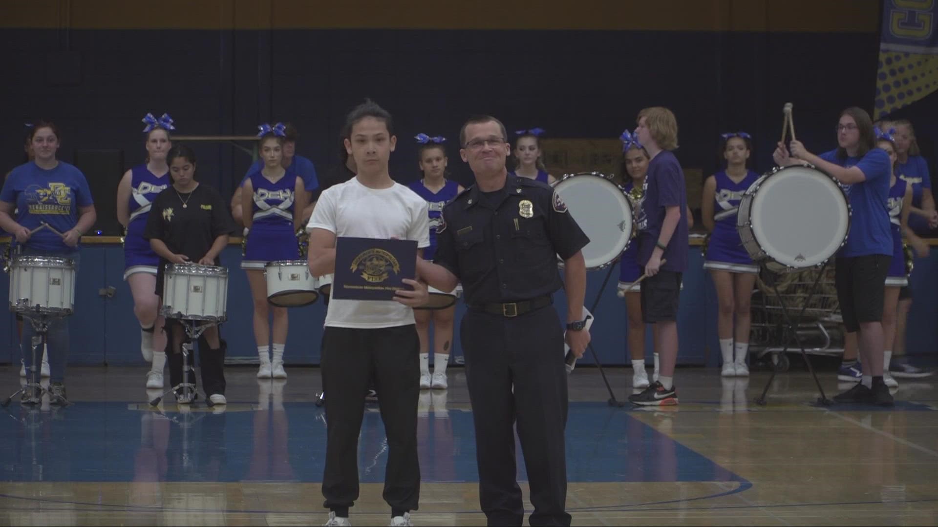 Del Campo High School student in Fair Oaks, Camren Pascual was honored with a civilian award on Friday after using chest compressions to save his dad's life.