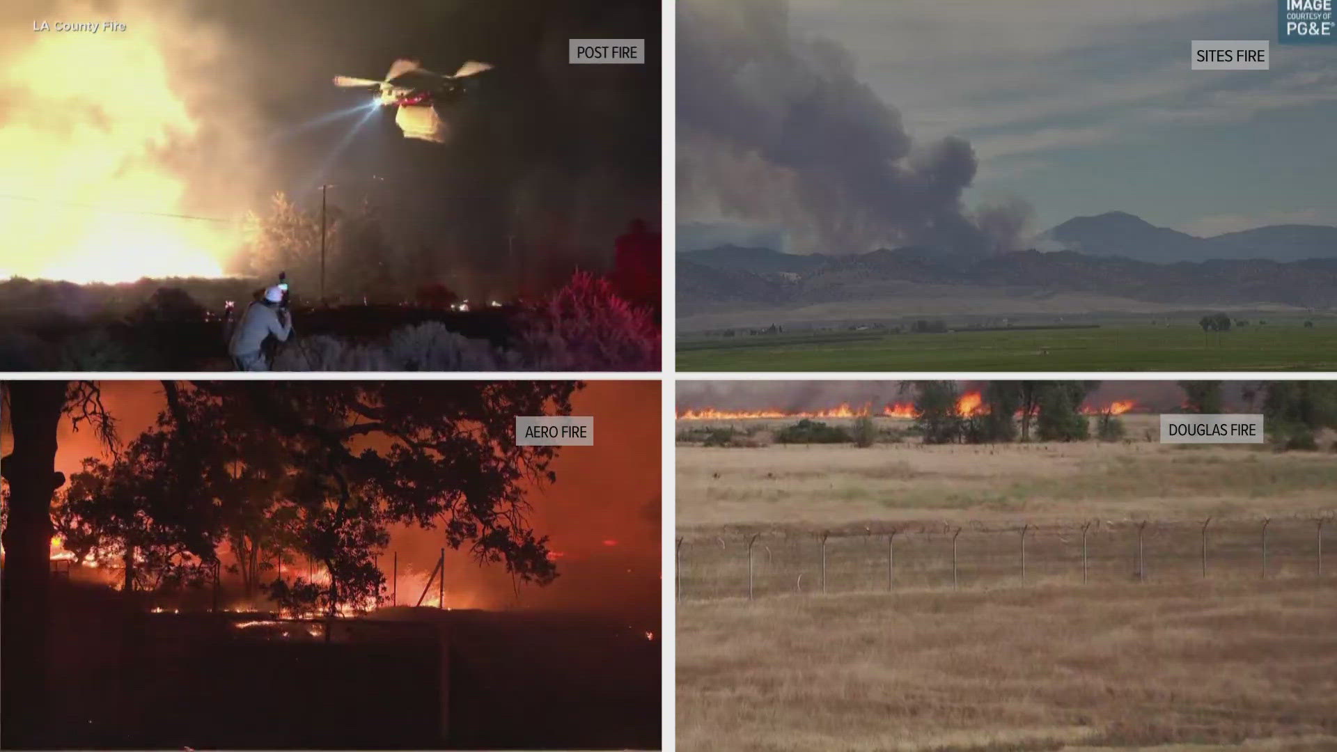 Fires are burning in Colusa County, Calaveras County and Sonoma County amid Red Flag Warning conditions.