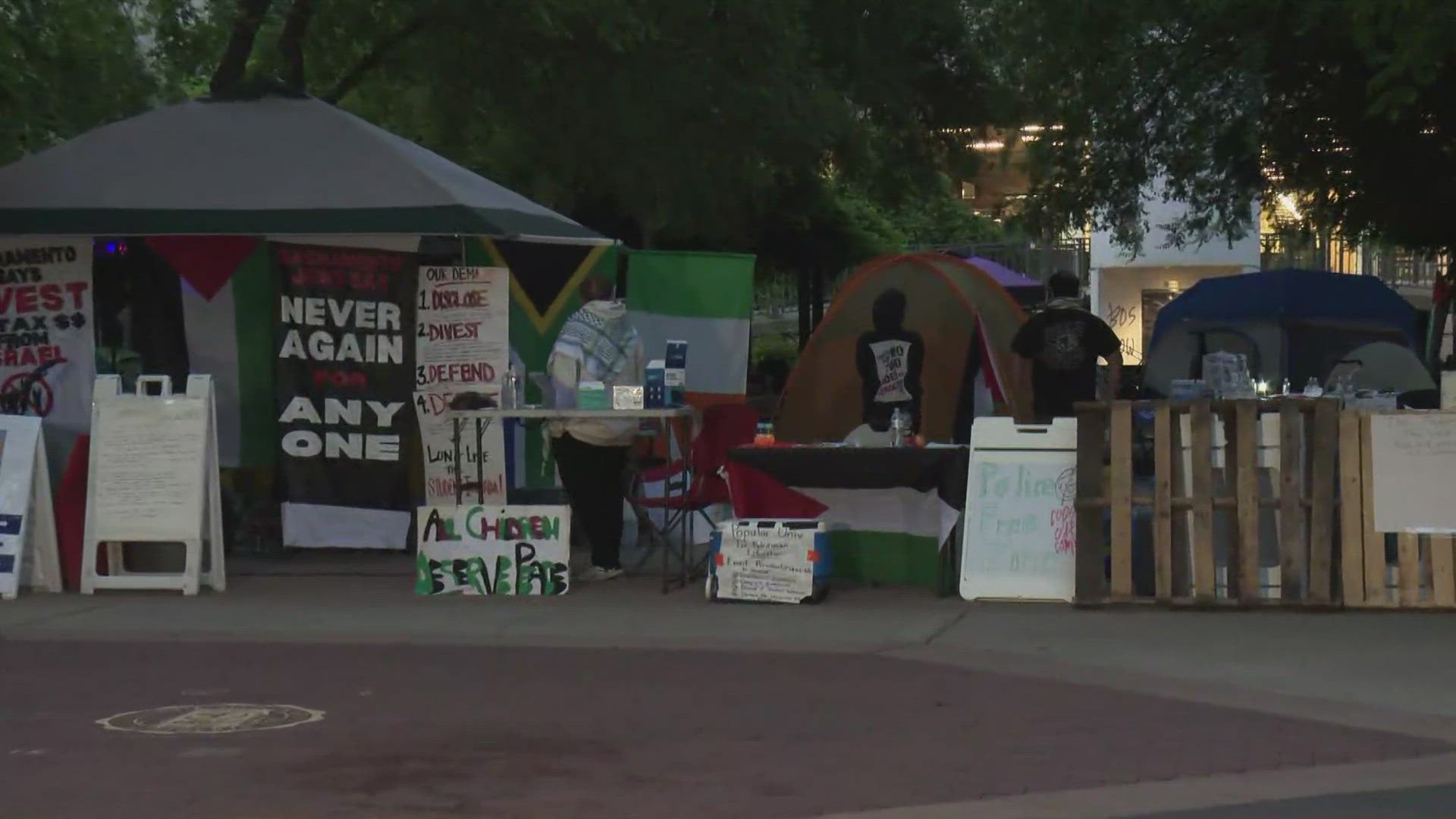 An encampment is set up at the library quad area on Sacramento State's campus.