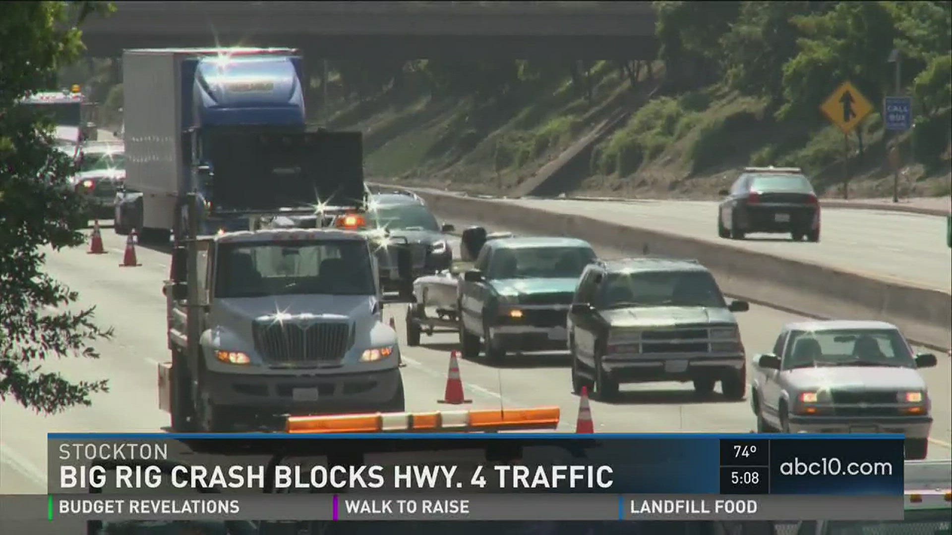 A big rig crash caused a five-car pile-up on Stockton's Crosstown Freeway. ABC10 news at 5 5/13/16.