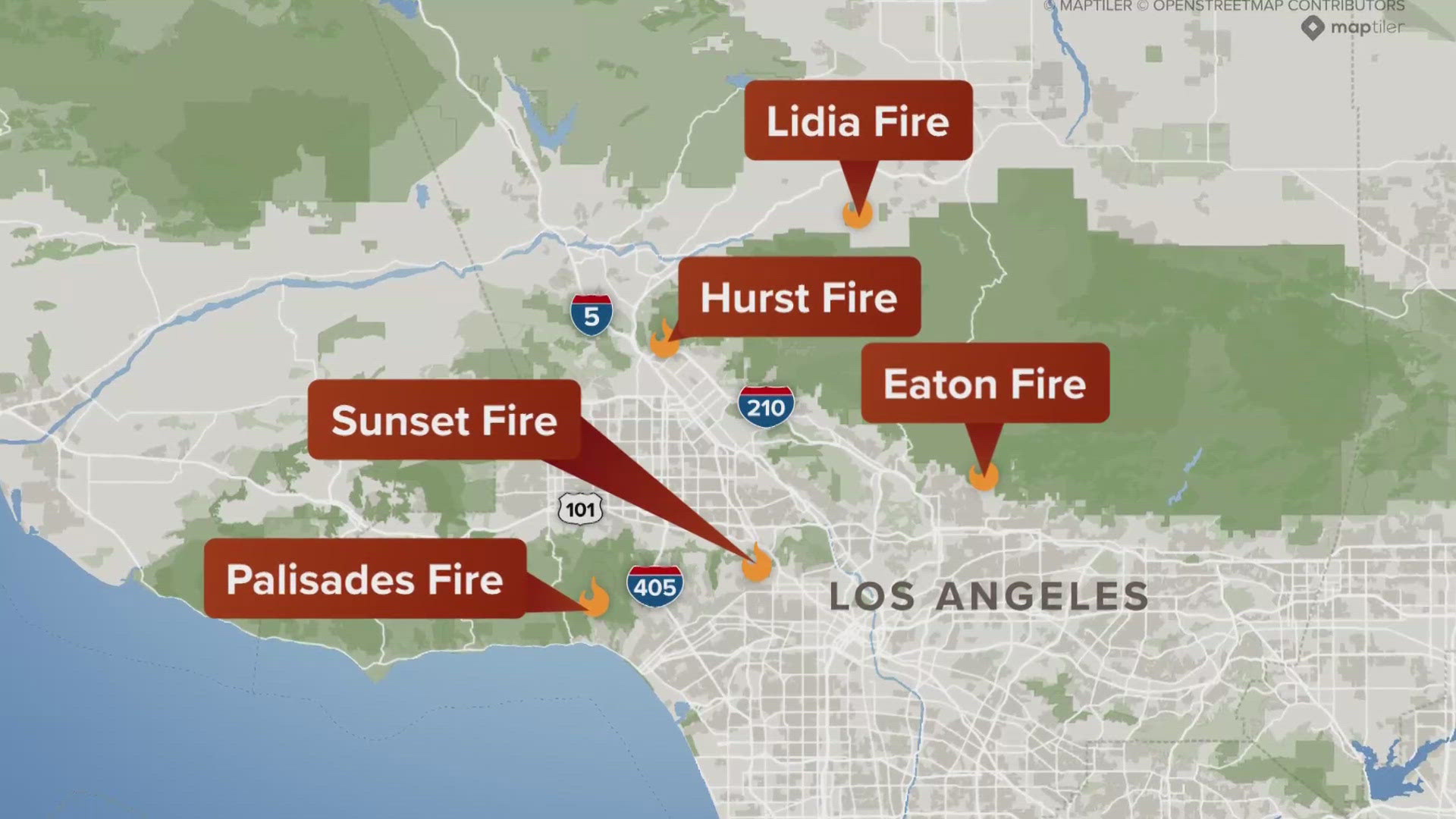 California Wildfires Eaton, Palisades, Sunset, Hurst and Lidia fires
