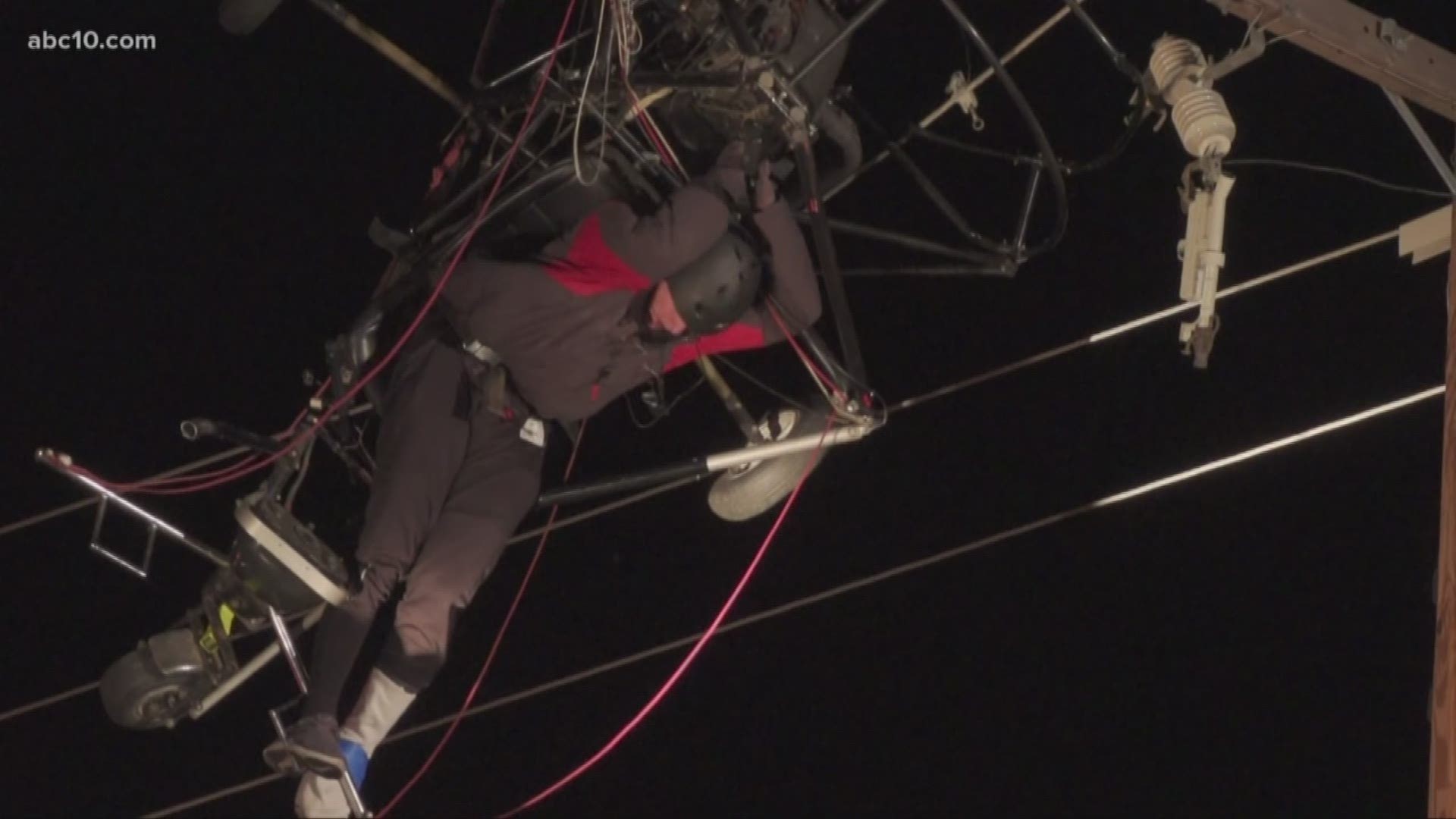 Sheriff officials said the paraglider landed in powerlines in Olivehurst, forcing power outages in the area.