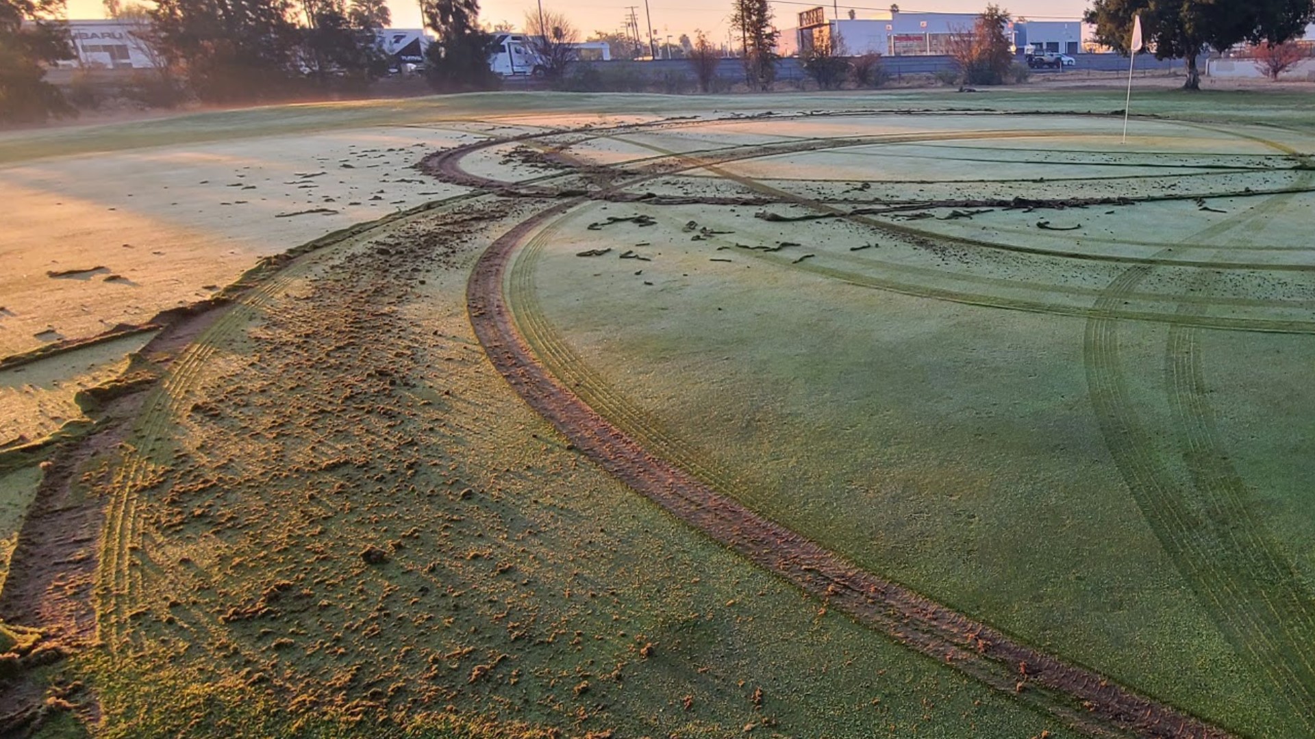 Haggin Oaks Golf Complex was vandalized on Sunday when someone drove over the majority of the greens, leaving ripped up grass and tire marks across the course.