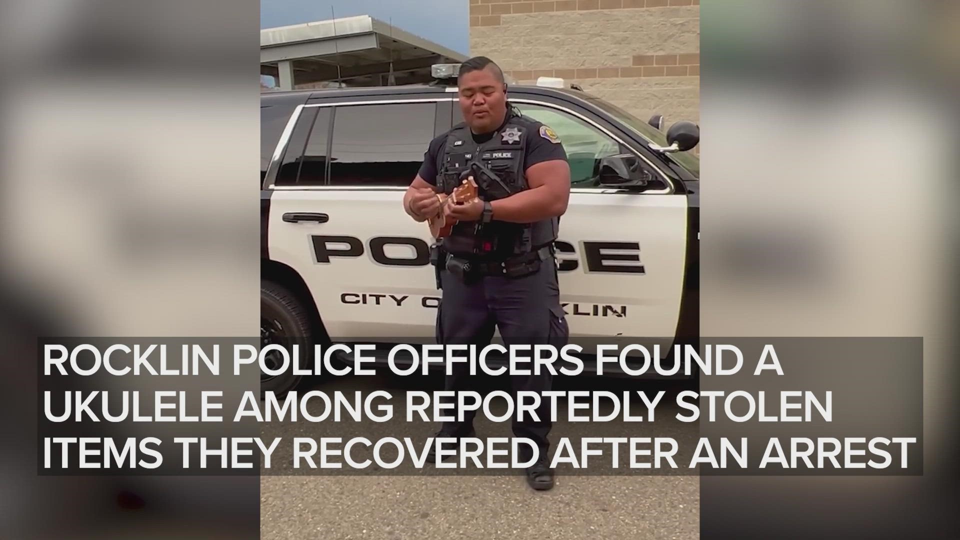 In a video released by the police department, officer Guillermo plays the ukulele after finding it among items recovered from a suspected burglar they arrested.