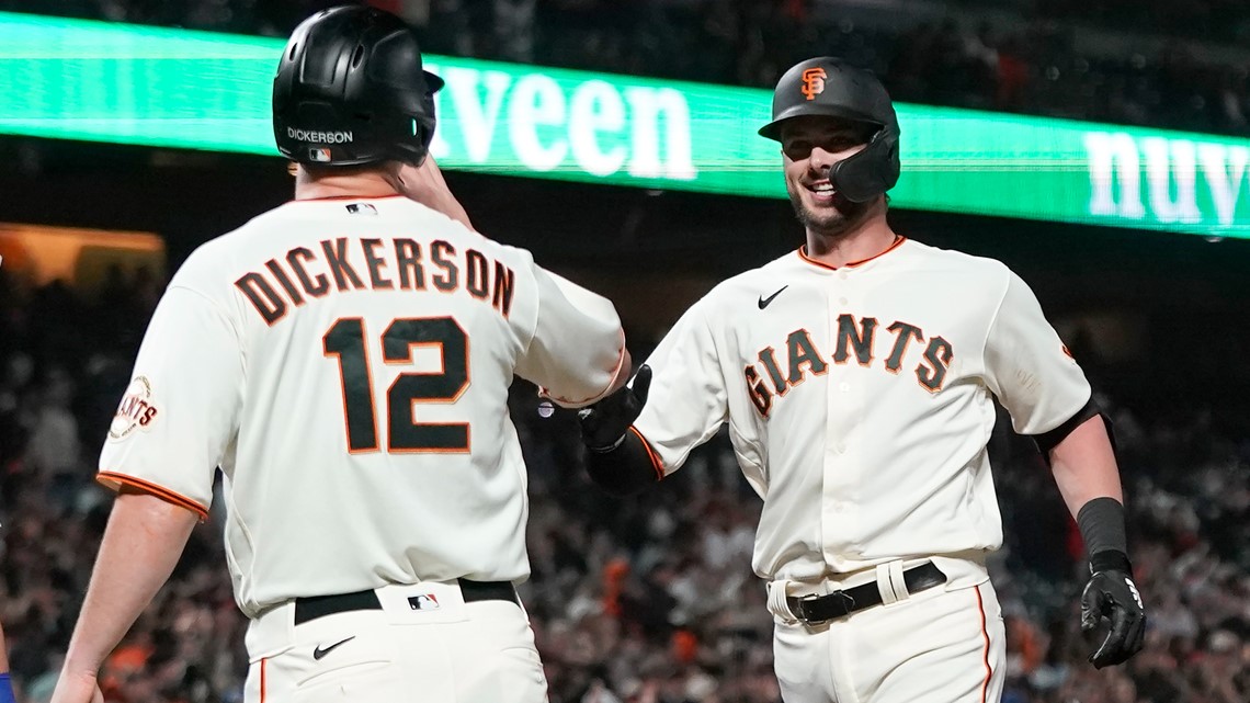 San Francisco Giants' Kris Bryant celebrates after a baseball game