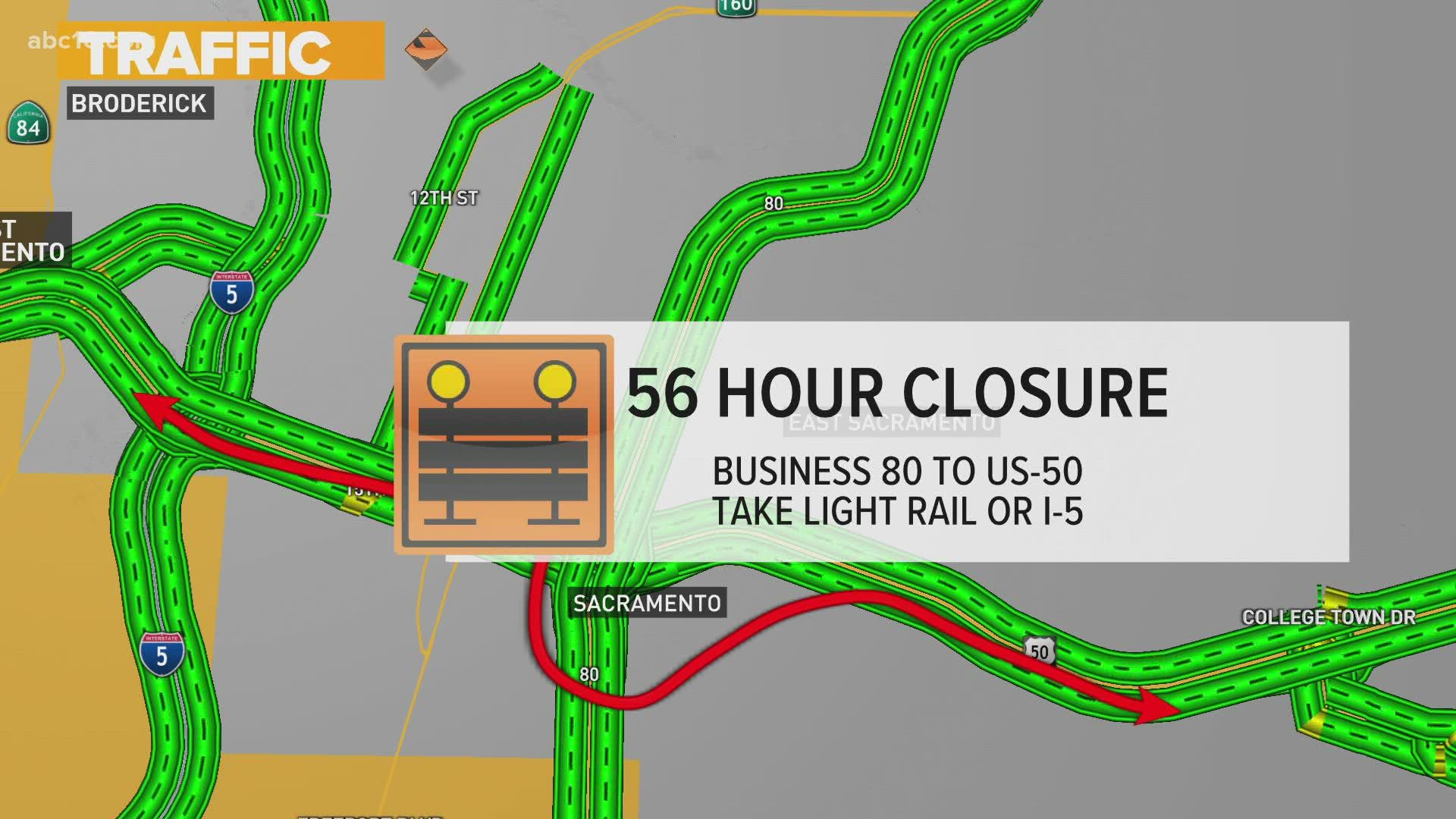 Starting at 9 p.m. Friday going into Monday morning, Caltrans said the onramp from Business 80 to US-50 will close. This is to make improvements on the bridge deck.