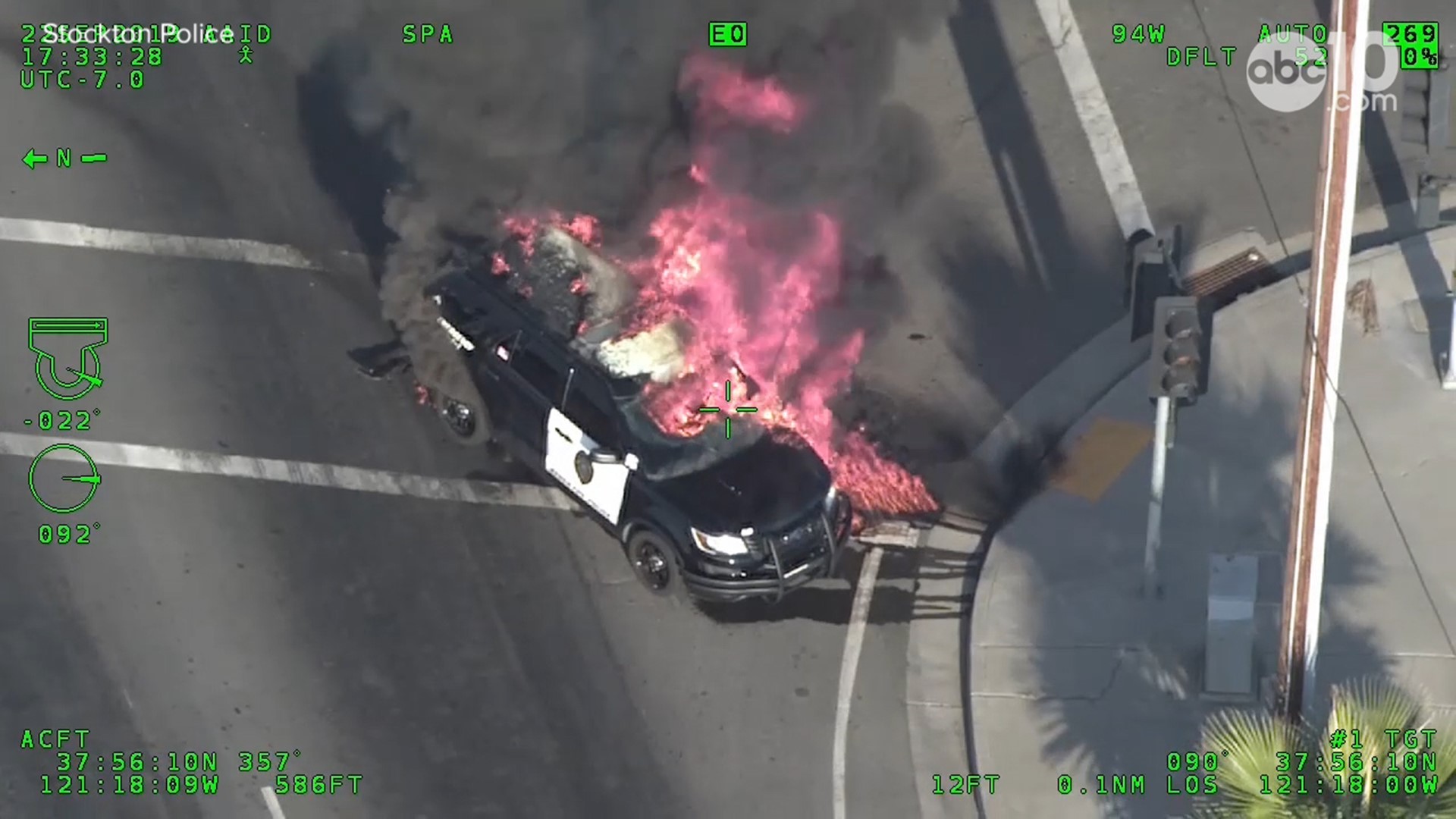 Stockton Police released video of a pursuit on September 22, 2019, of suspected gang members. The pursuit ended with a crash and a patrol vehicle on fire.