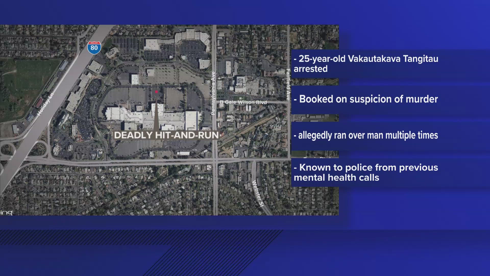 A man is being accused of murder after allegedly running over another person multiple times in the Solano Town Center parking lot.