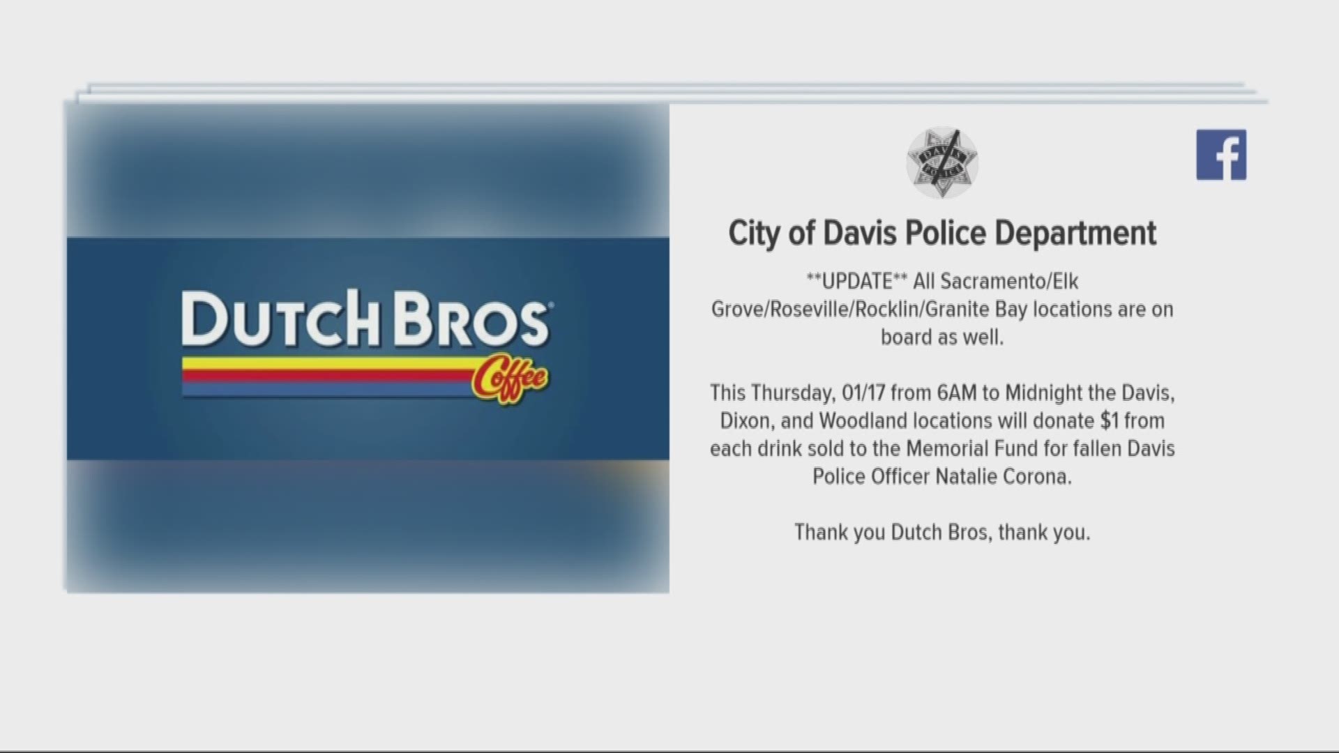 Dutch Bros is holding fundraiser at several locations for fallen Davis officer Natalie Corona.