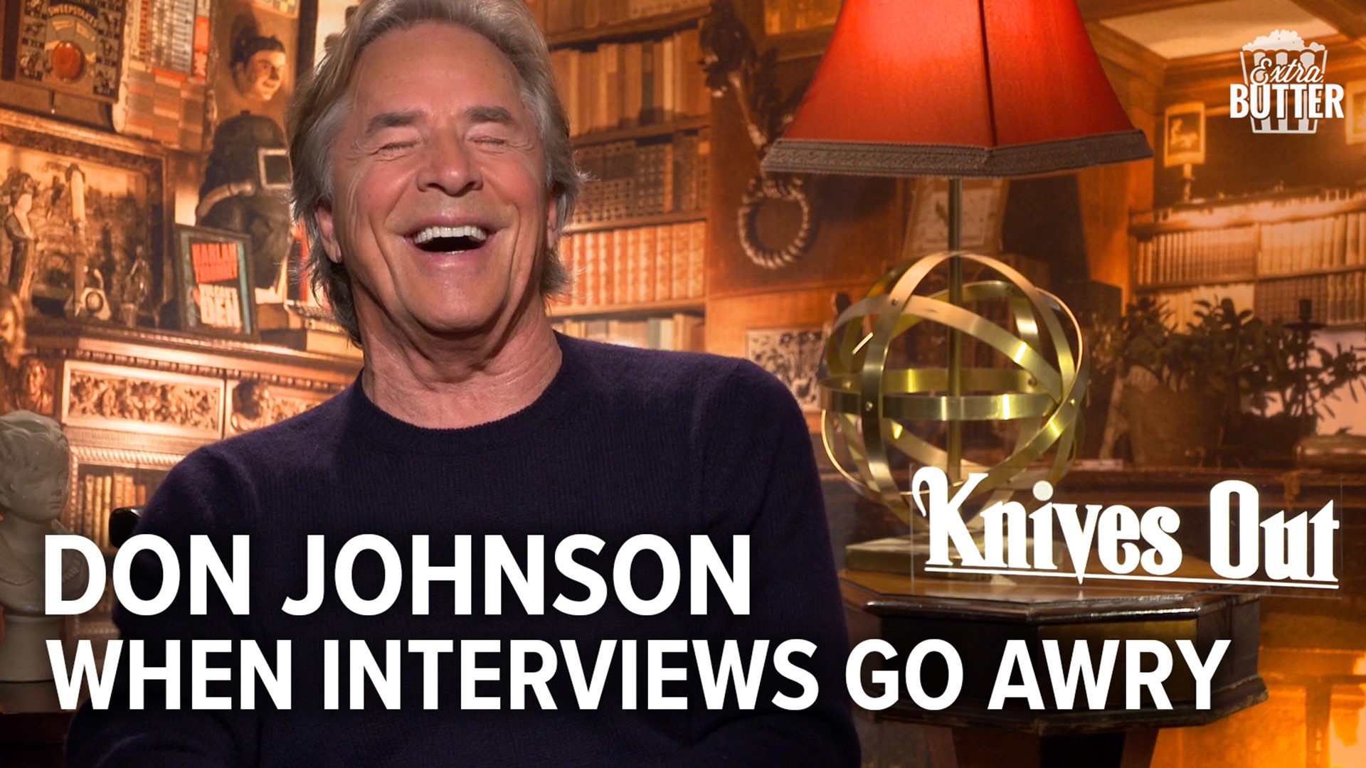 Don Johnson can't help but laugh when this funny interview for 'Knives Out' goes awry. It starts with Mark S. Allen knocking over a sign for the movie.