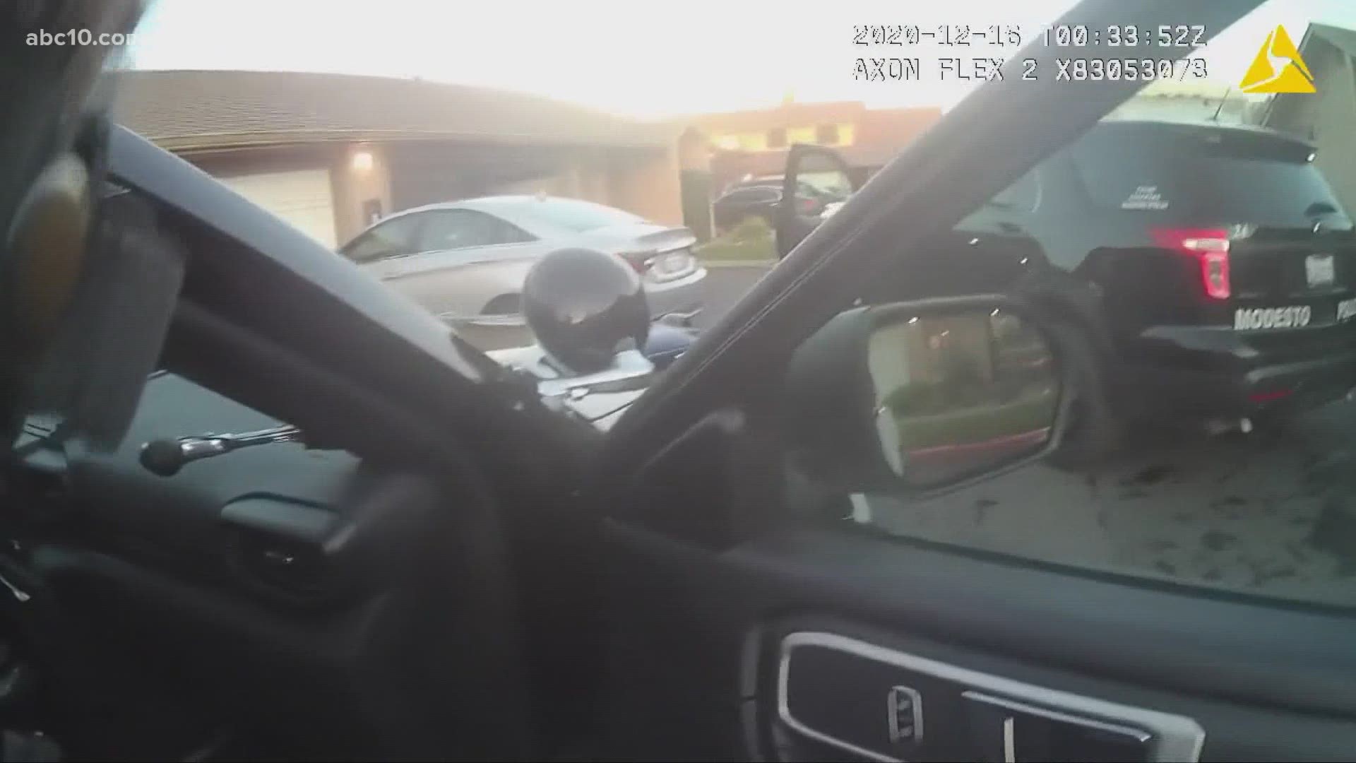 The bodycam video showed the moments where a suspect accused of grand theft fired about 100 rounds at officers, according to Modesto police.