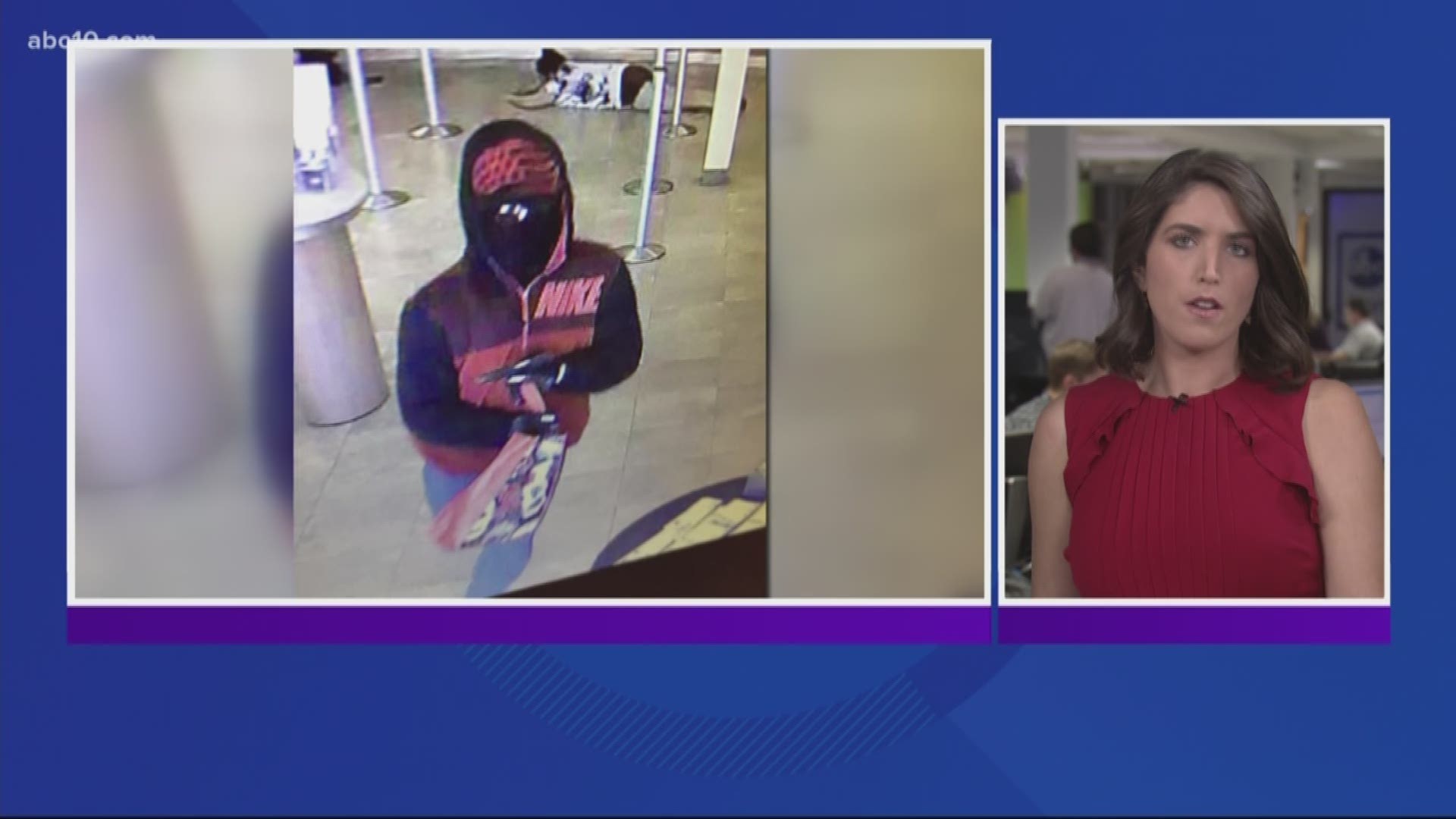 Riverbank Police Services say masked suspects robbed a bank and hit a bicyclist while fleeing the scene in a car Tuesday.