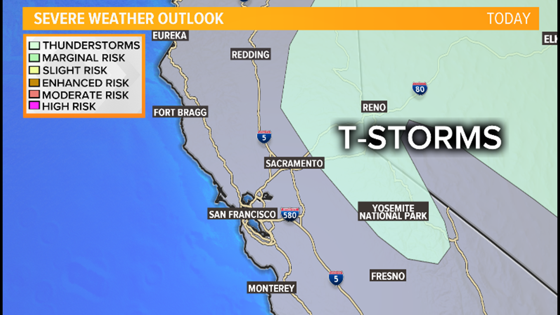 There's a chance of thunderstorms for the foothills and The Sierra on Thursday. Any thunderstorms that develop can produce small-sized hail and gusty winds.