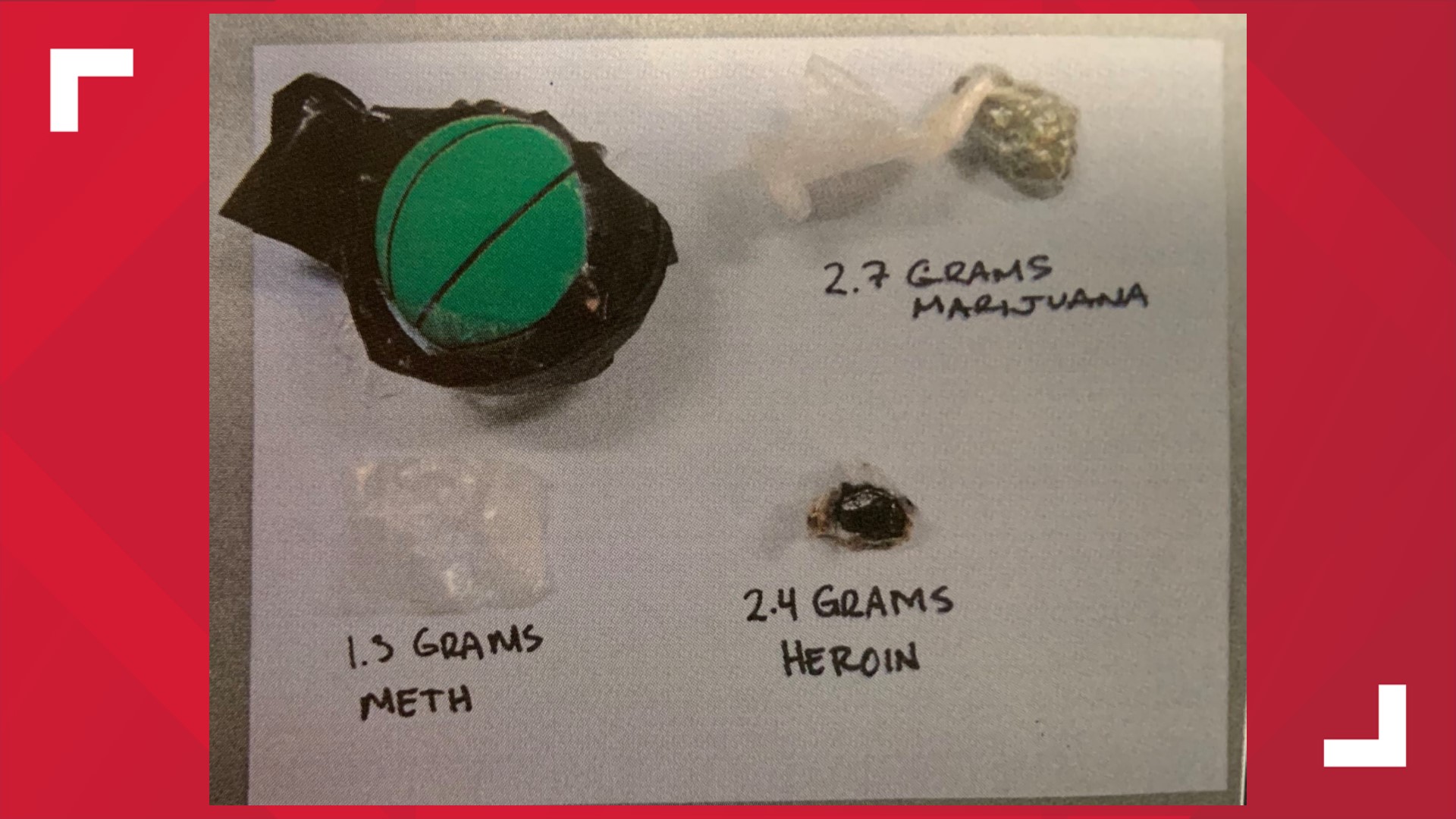 The two small, green basketballs were filled with a mix of drugs including marijuana, heroin, and methamphetamines.