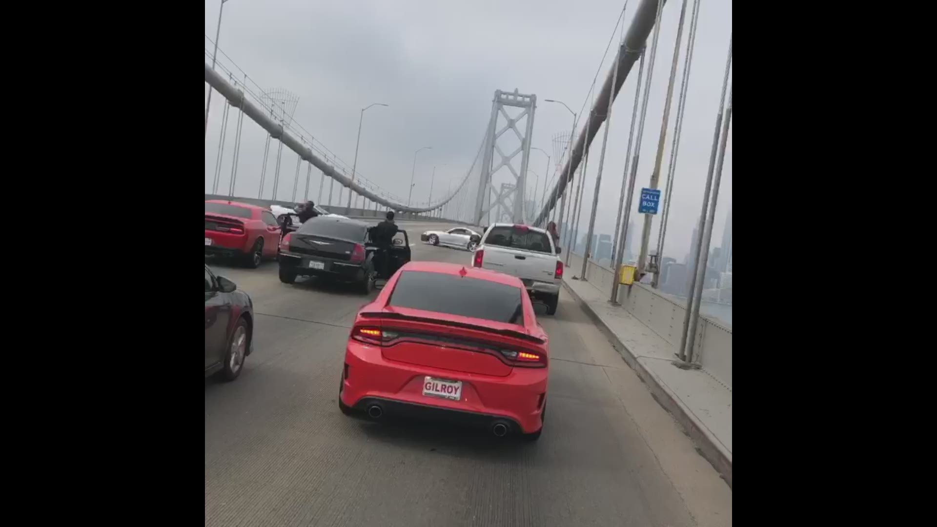 Drivers stop traffic for a side show on the Bay Bridge just before 11 a.m.(Courtesy: CHP - San Francisco)