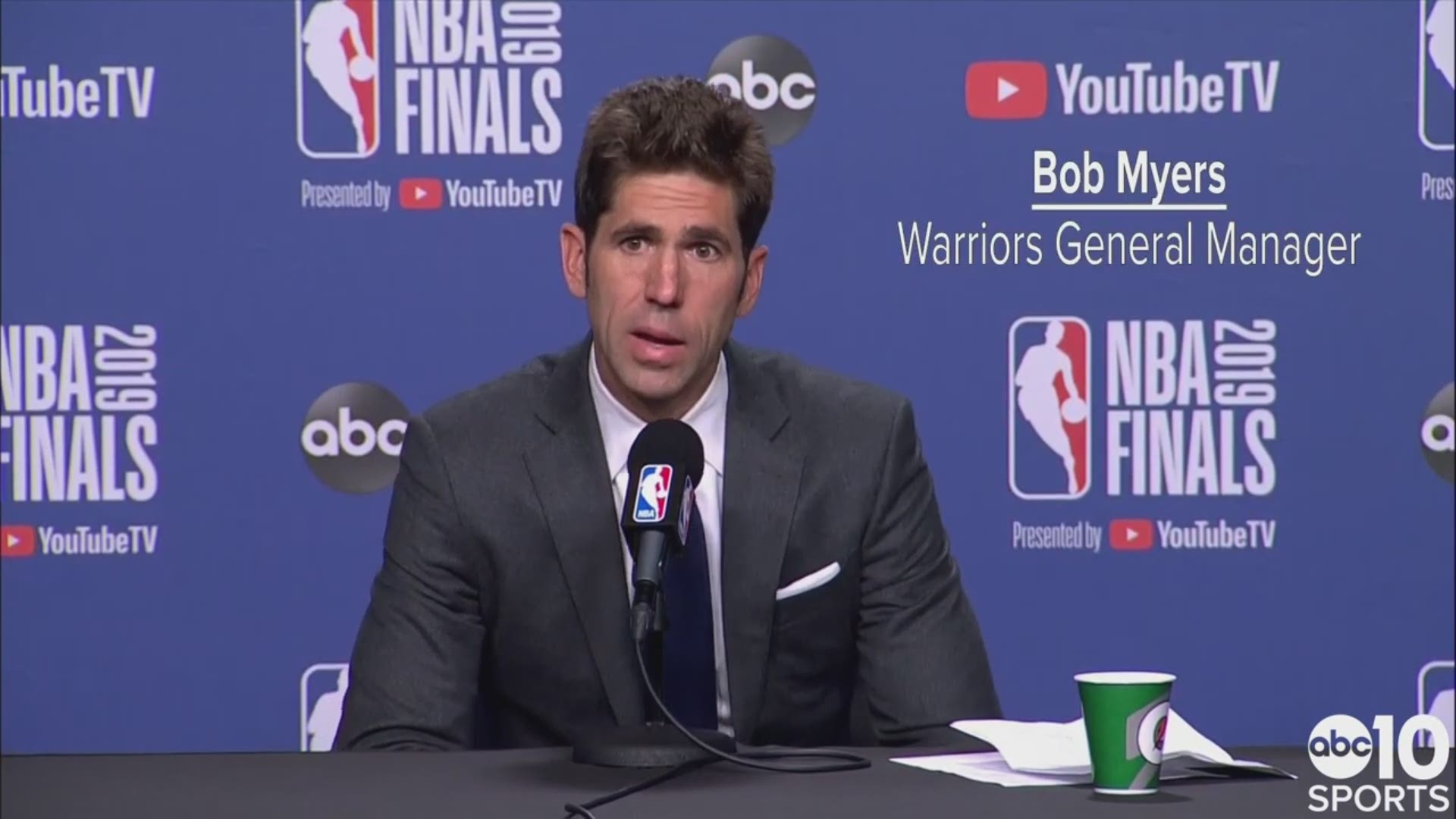 An emotional Warriors general manager Bob Myers reveals that Kevin Durant suffered an injured Achilles in Game 5 on Monday, and that an MRI is scheduled for Tuesday to determine the severity of the injury.