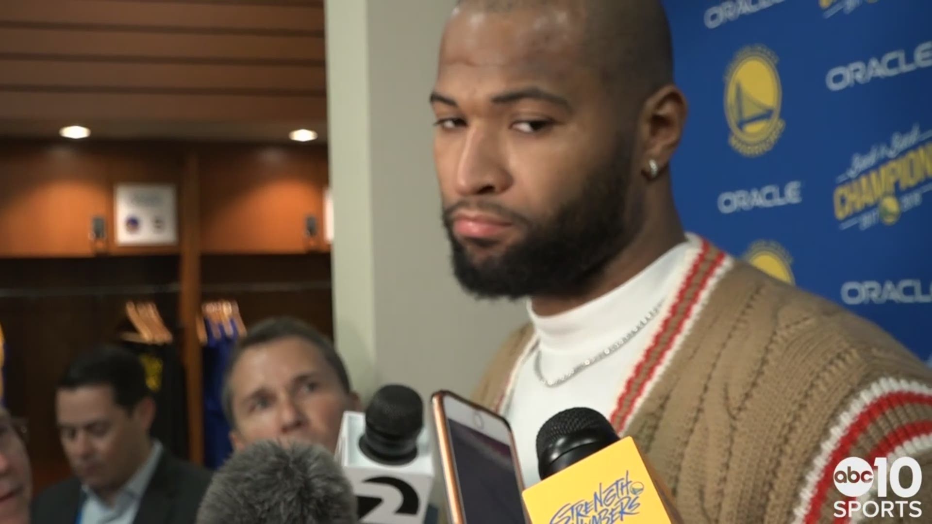 After his nine point and nine rebound performance before fouling out of Saturday's Game 1 win over the Clippers, Warriors' center DeMarcus Cousins talks about playing in the first ever playoff game in his 10th NBA season. He acknowledges how everything is more magnified in the playoffs, what nerves he may have experienced and the fun atmosphere at Oracle Arena.