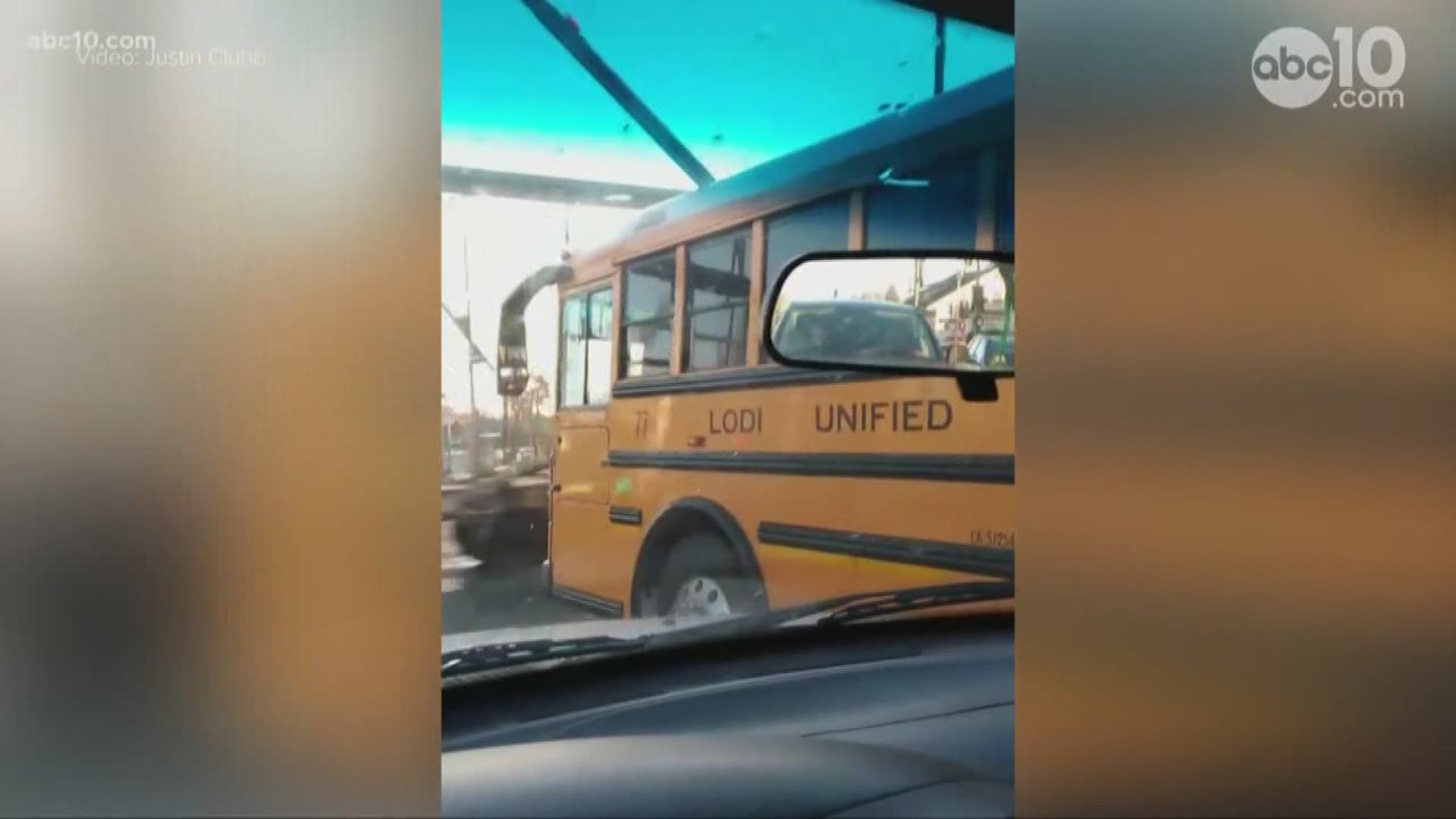 Lodi Unified School District officials confirmed that there was a child on the bus at the time, but the child was not hurt.
