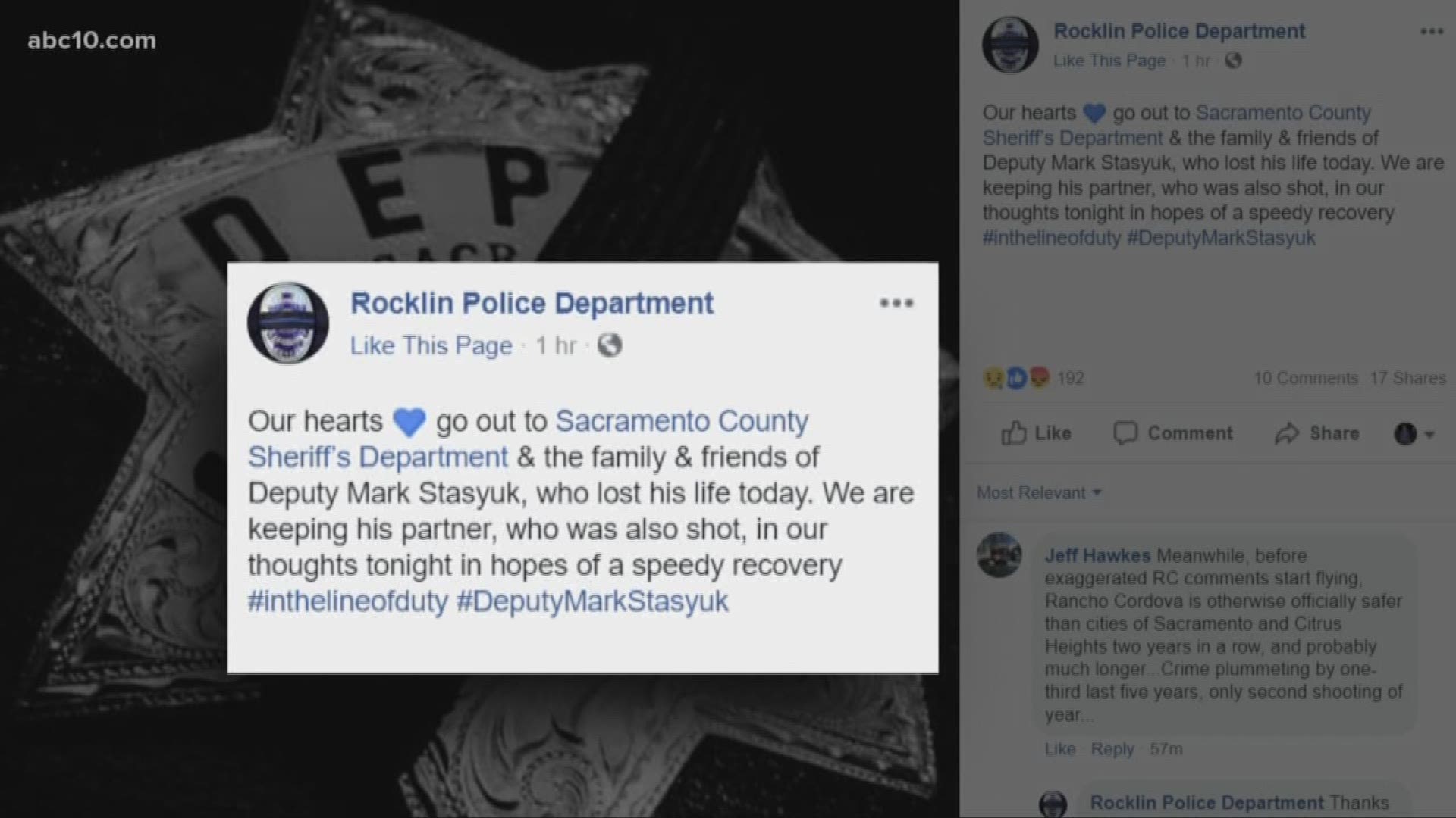 Local law enforcement agencies are sending their thoughts and prayers after a Sacramento County Sheriff's Deputy was killed in a shooting at an auto parts store in Rancho Cordova Monday.