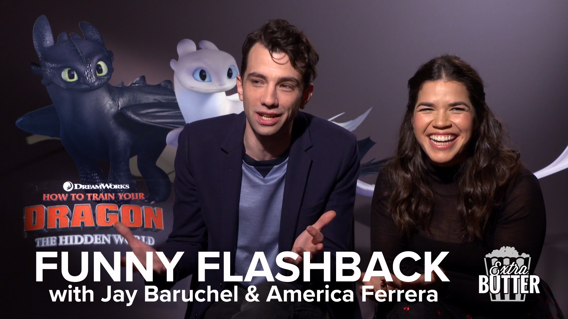 Extra Butter | Jay Baruchel flashes back to an earlier fart-filled interview while talking about 'How to Train Your Dragon: The Hidden World.' Mark S. Allen also thanks Jay & America Ferrera for helping to raise his kids. Jay also talks about his favorite Dragon. Interview arranged by Universal Pictures.