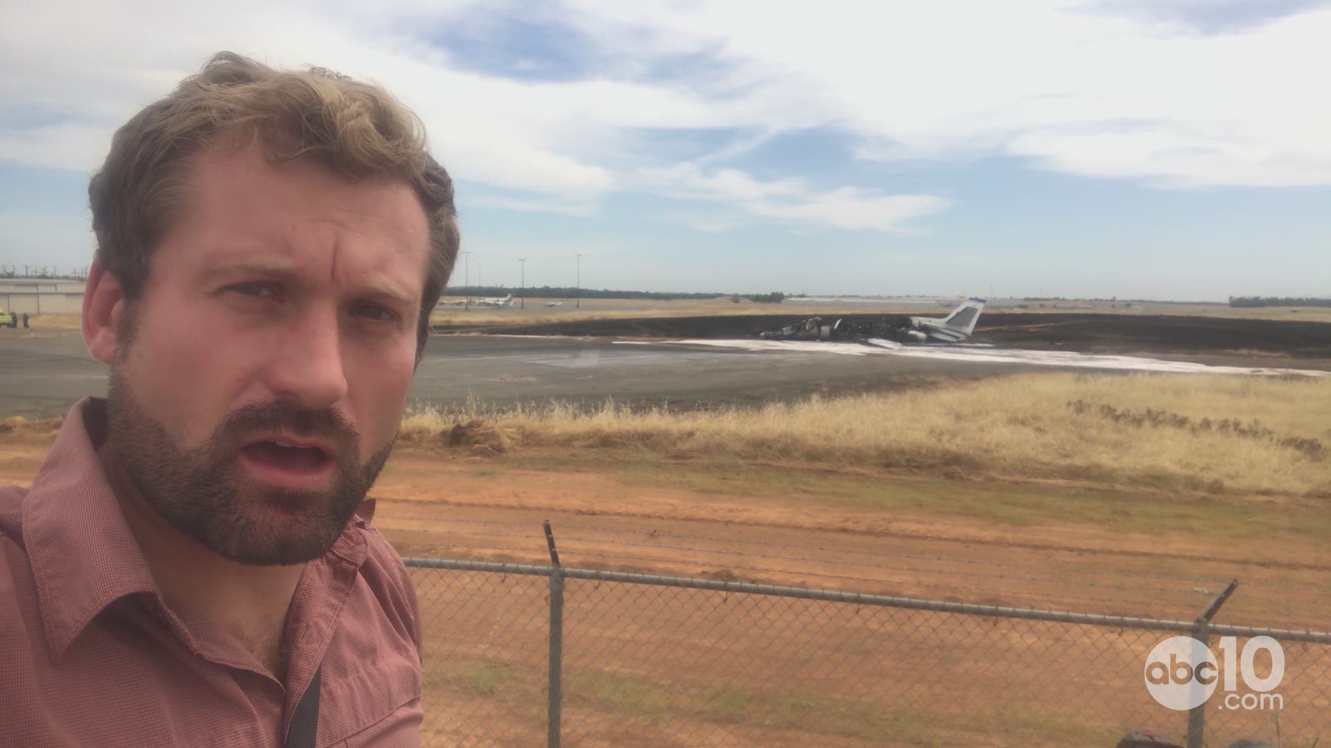 John Bartell reports from Oroville, CA where a small plane caught fire after its aborted takeoff at Oroville Municipal Airport. All 10 people on board escaped without injury.